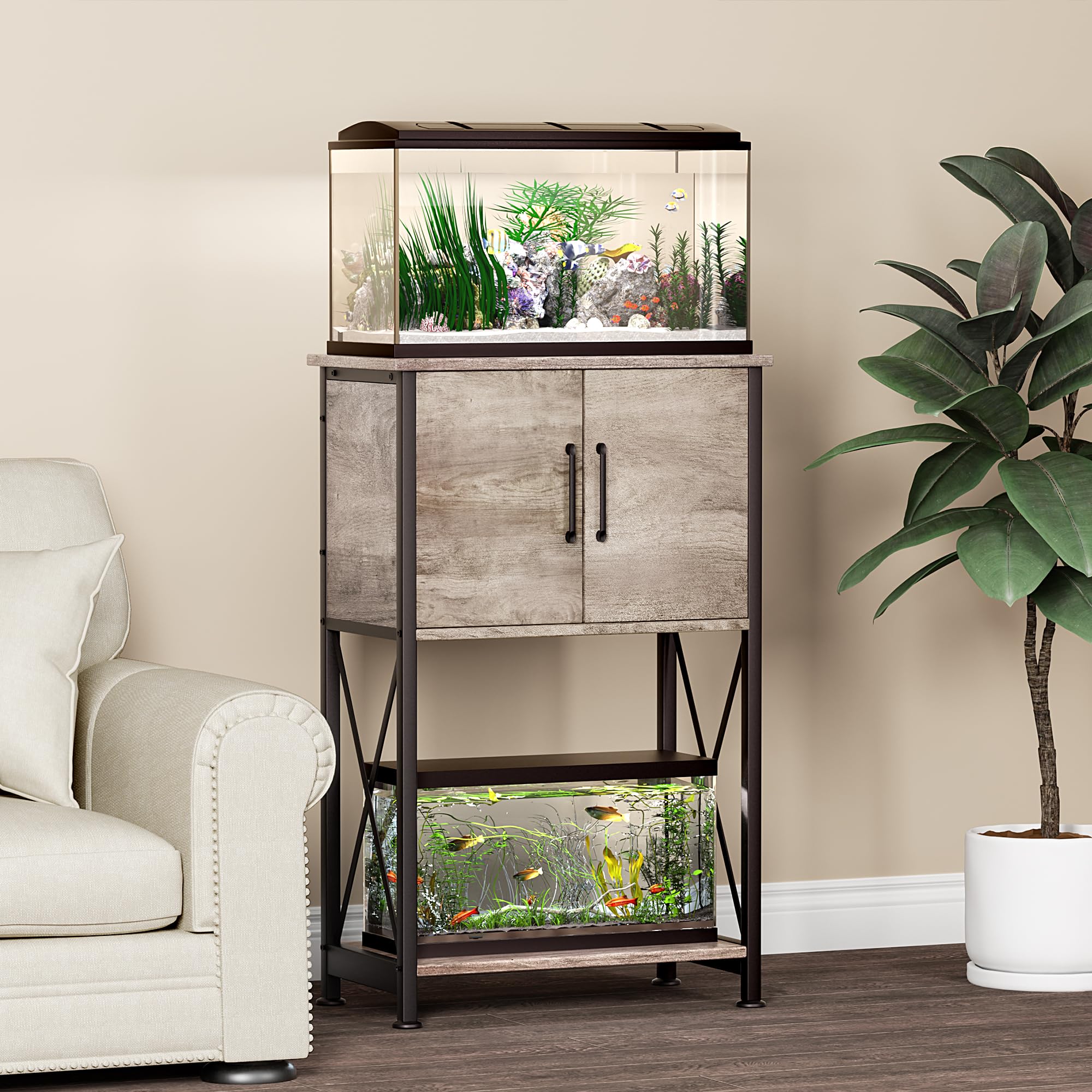 Herture double aquarium stand with cabinet keeping gear neatly stored