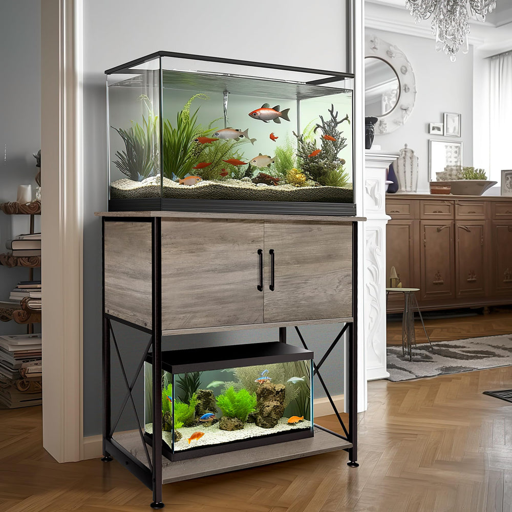 Herture stand two-level design elevates tanks for better viewing and organization.