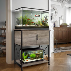Herture stand two-level design elevates tanks for better viewing and organization.