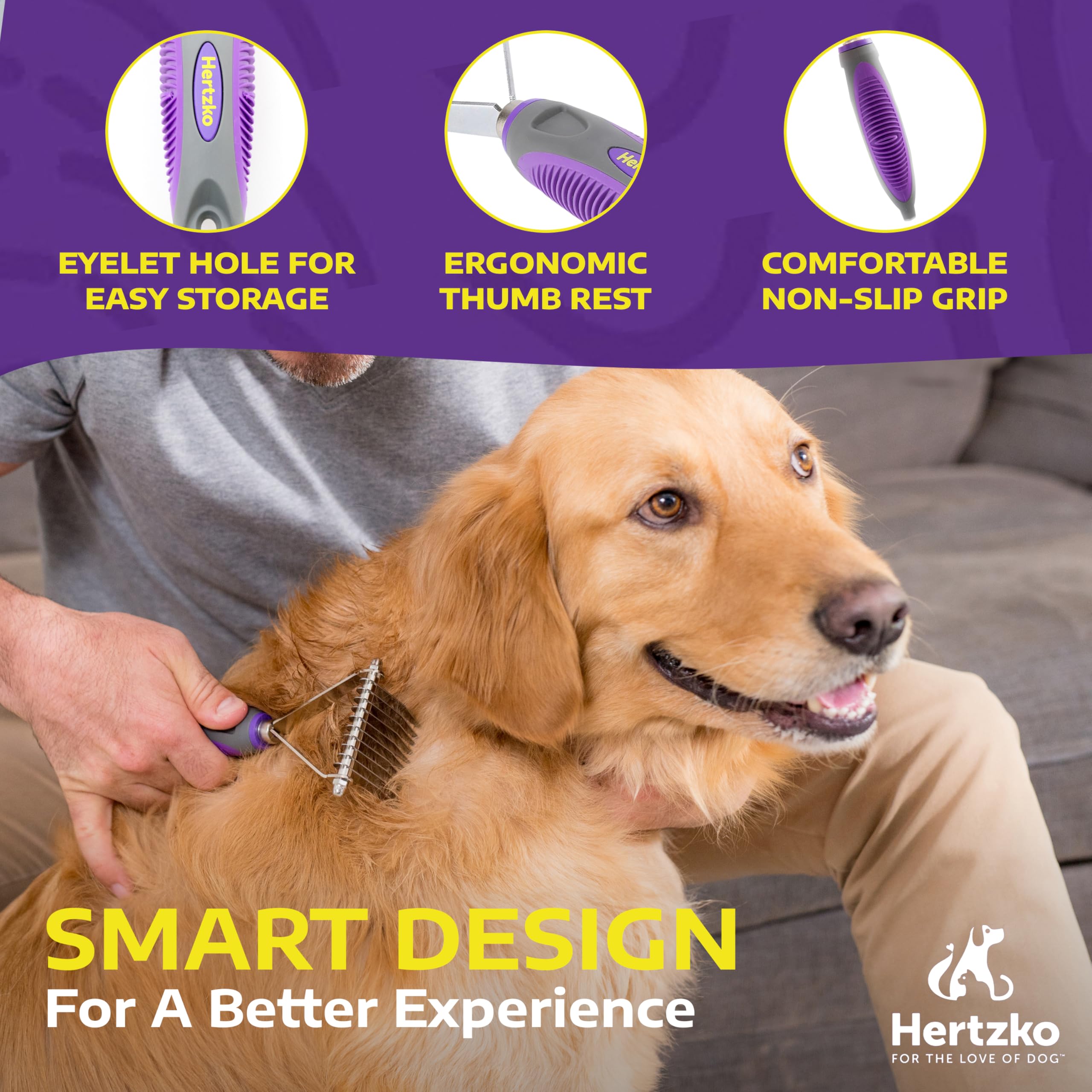 Hertzko dematting comb with a 2.5-inch head for quick detangling of thick fur.