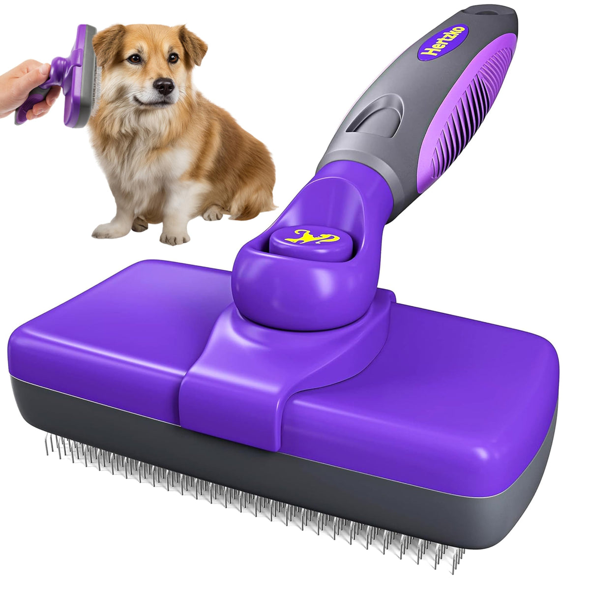 Hertzko self-cleaning slicker brush close-up with retractable bristles for easy fur removal.