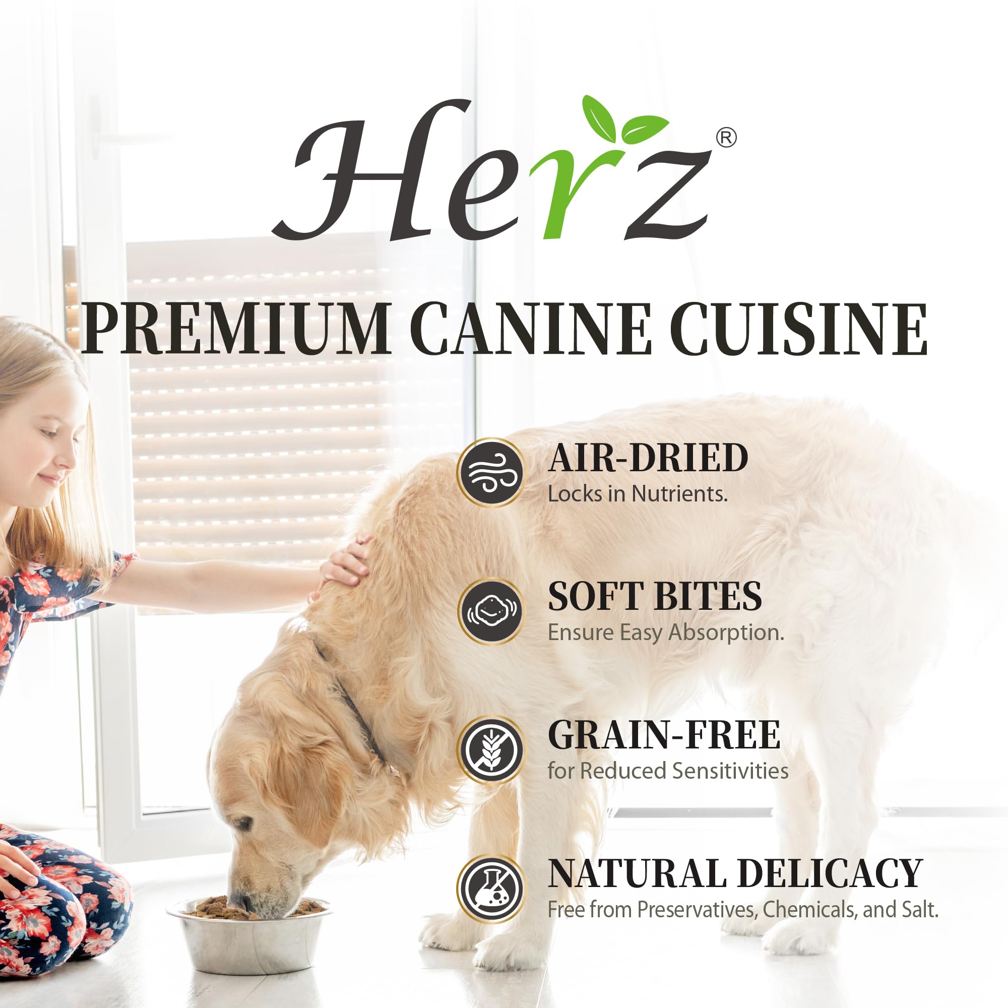 Herz air-dried venison-duck-liver in a bowl shows premium, easy-to-digest meal.