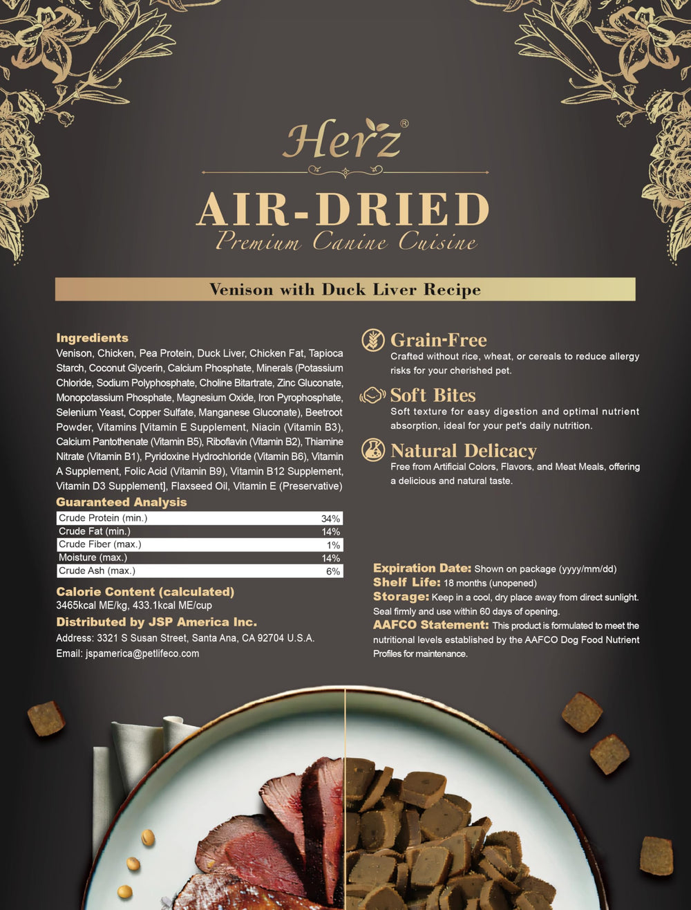 Herz air-dried venison-duck-liver kibble close-up reveals natural texture and rich aroma.