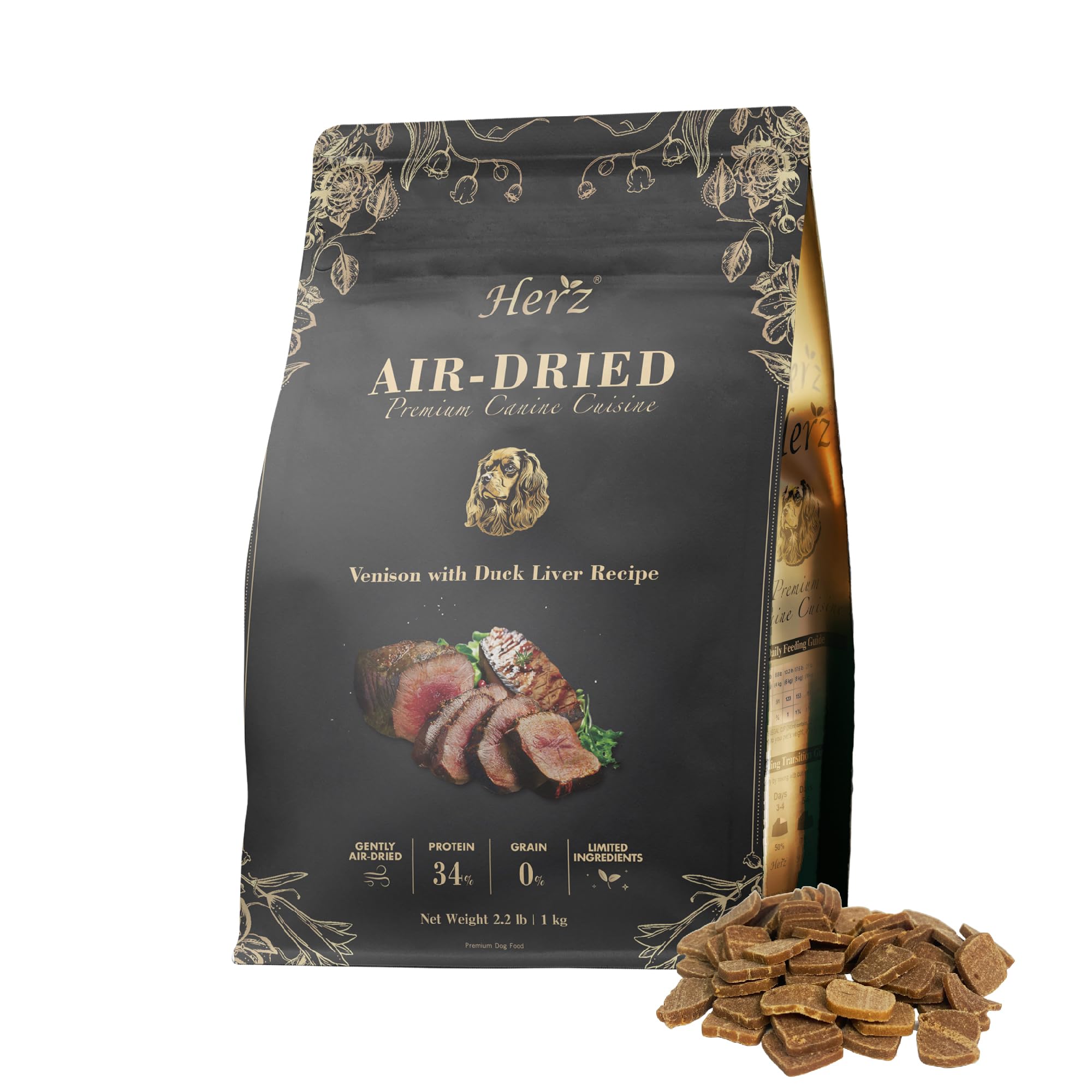 Herz air-dried venison-duck-liver recipe bag open shows premium ingredients for picky eaters.