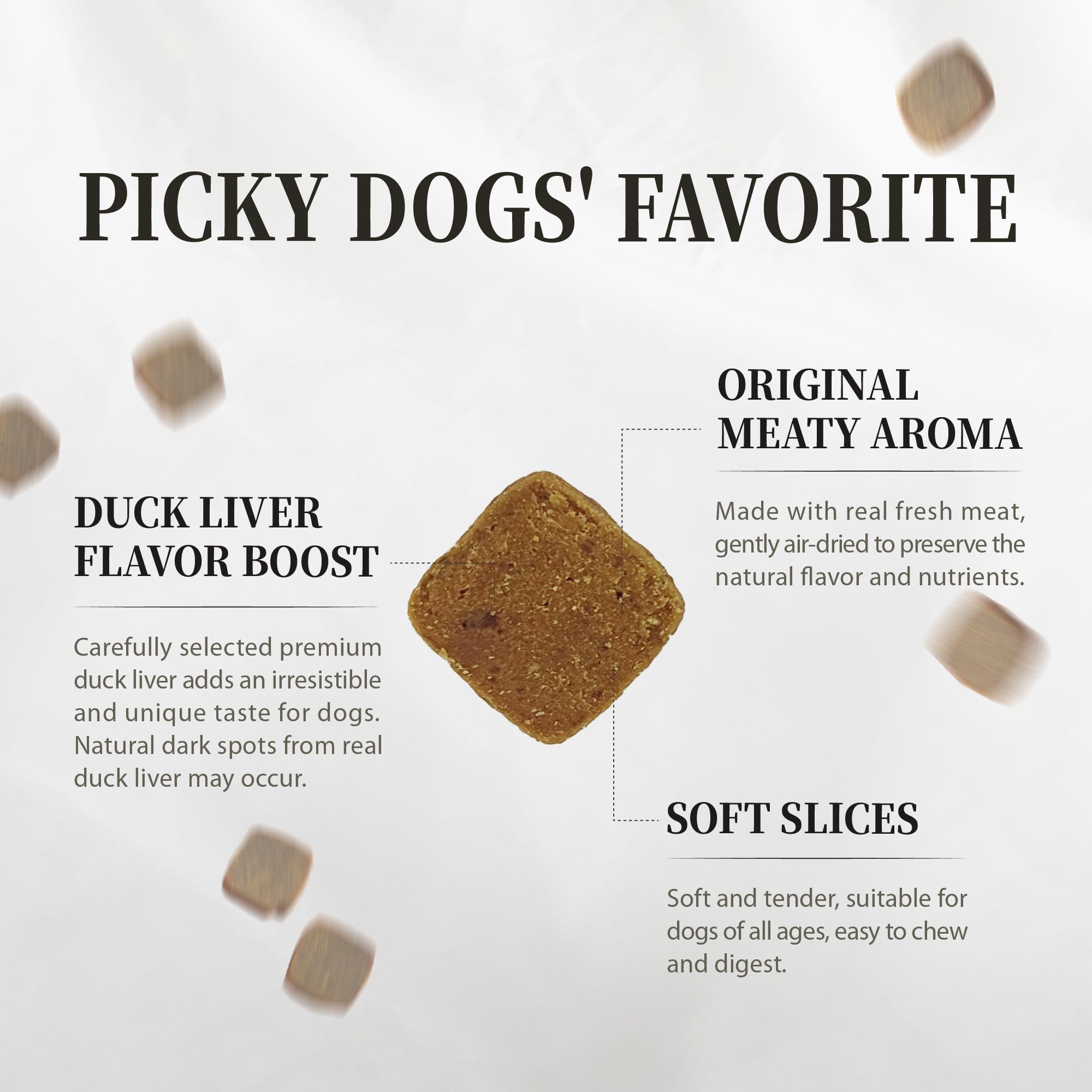 Dog enjoys Herz air-dried meal, illustrating its appeal for picky eaters.