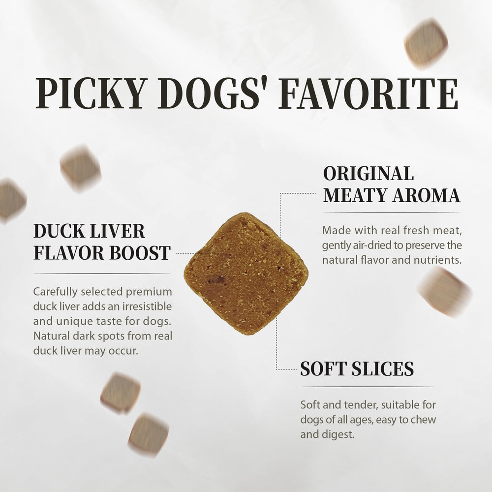 Dog enjoys Herz air-dried meal, illustrating its appeal for picky eaters.