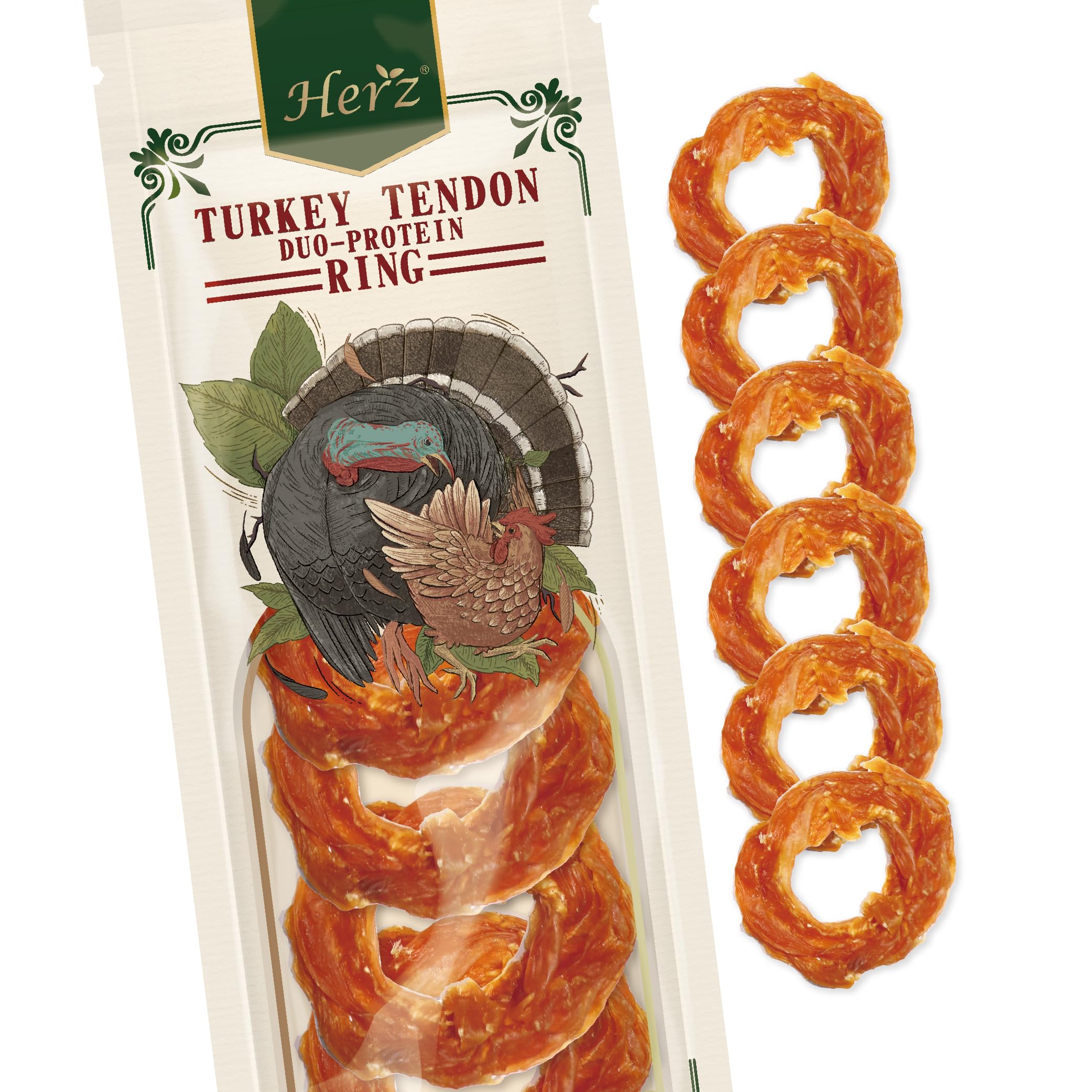Herz Turkey Tendons ring for small dogs offers long-lasting chew and joint-friendly activity.