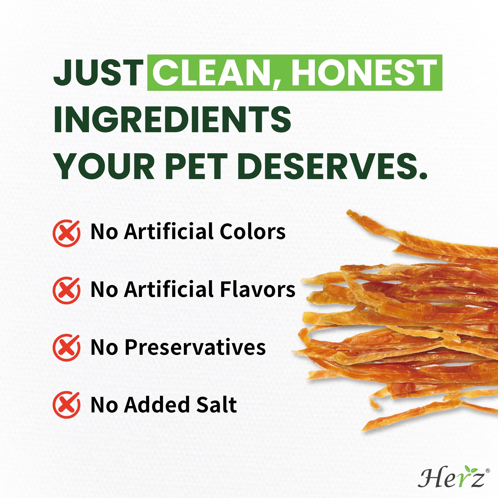 Herz USA-sourced ingredients image emphasizes real chicken breast and turkey tendons.