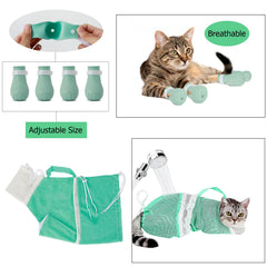 Hetenoyo cat grooming mesh bag shown during bath-time care.