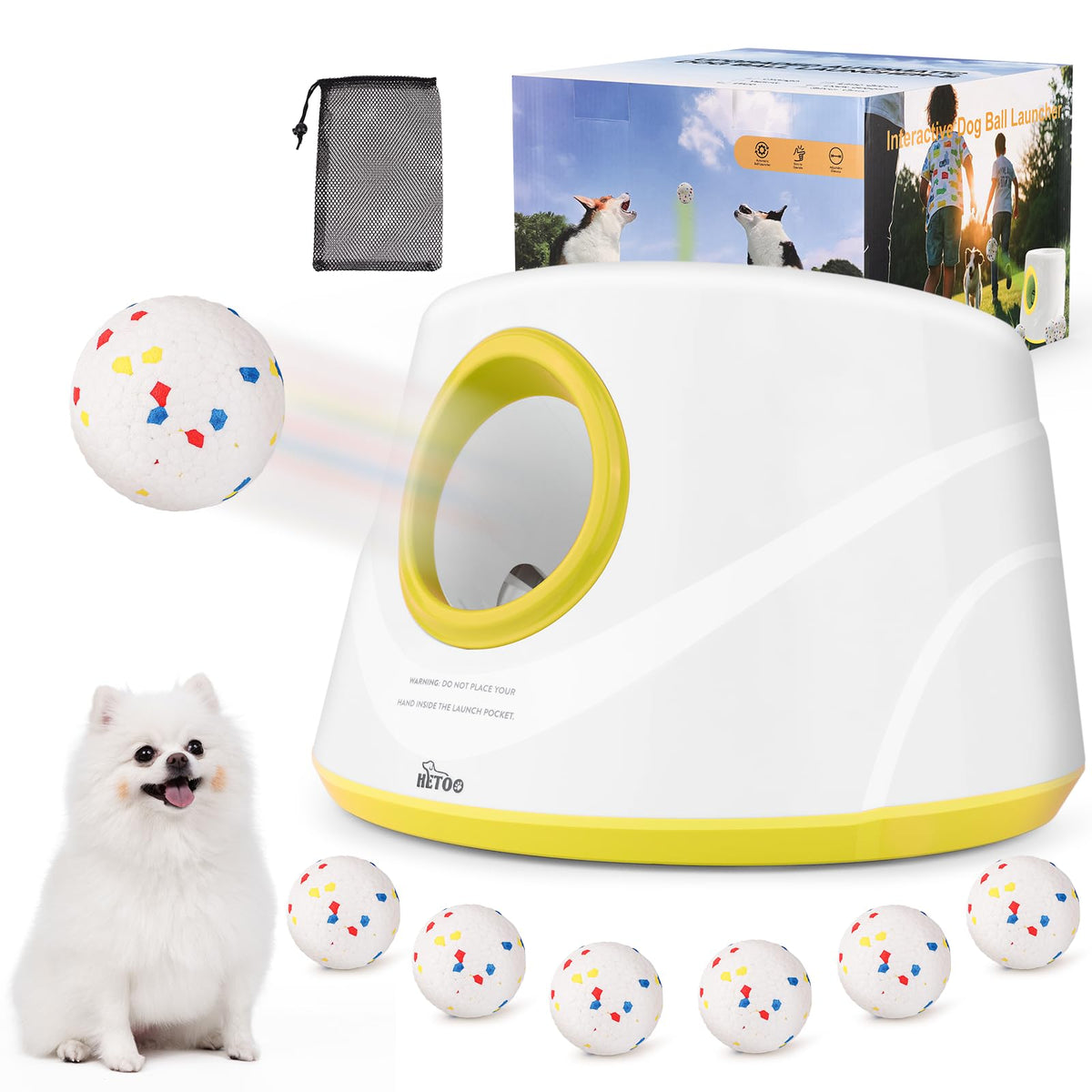 HETOO automatic ball launcher for dogs - front view ready for indoor or outdoor fetch.