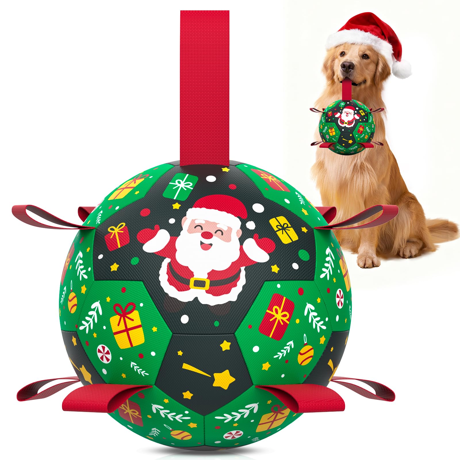HETOO Christmas dog soccer ball with straps, 8 inch, durable indoor outdoor play.