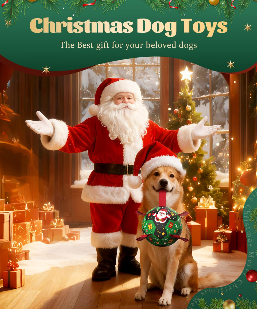 HETOO Christmas-patterned dog ball is waterproof for pool or beach play.