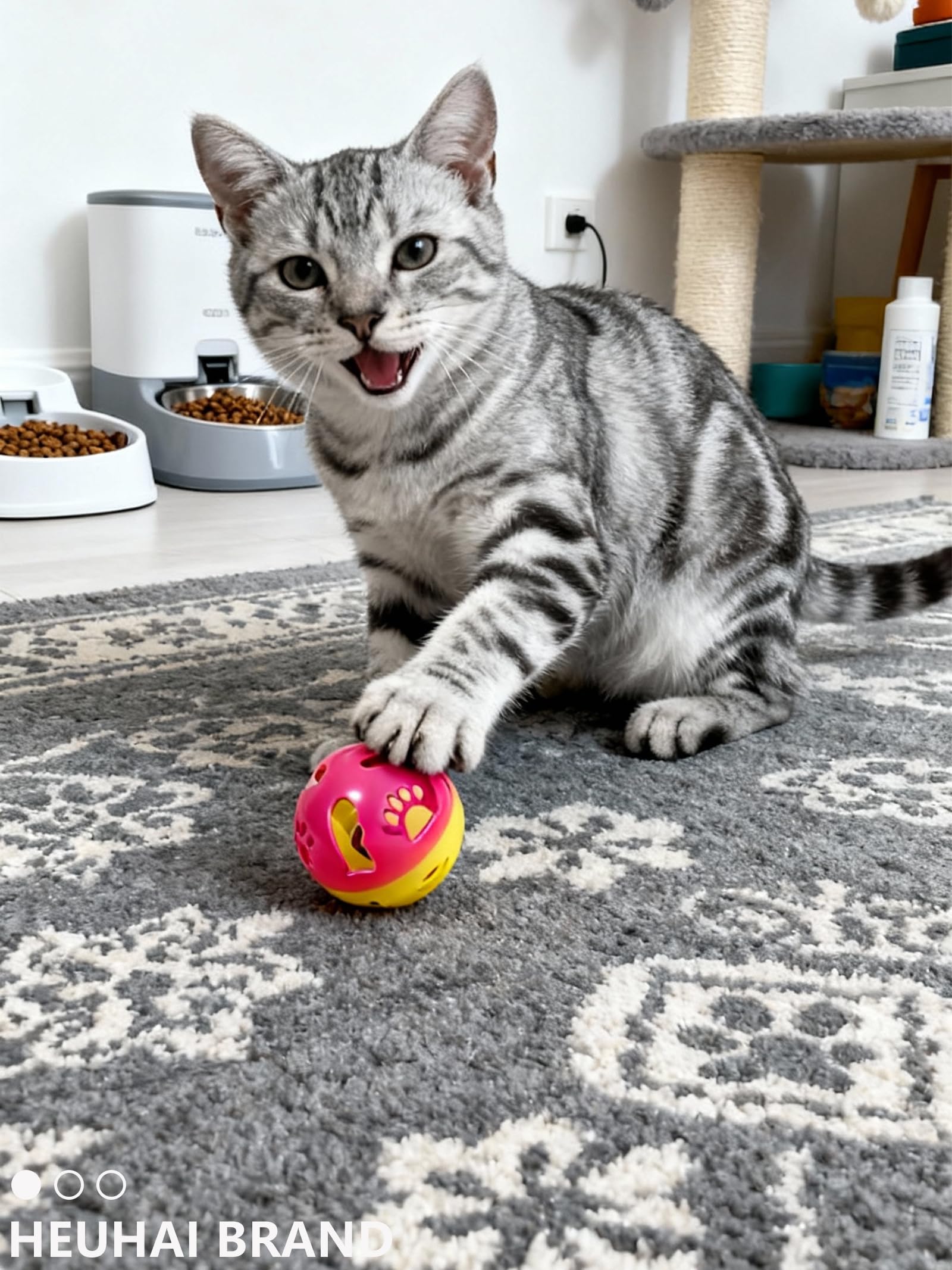 HEUHAI play scene — cats enjoying solo or group play with bells