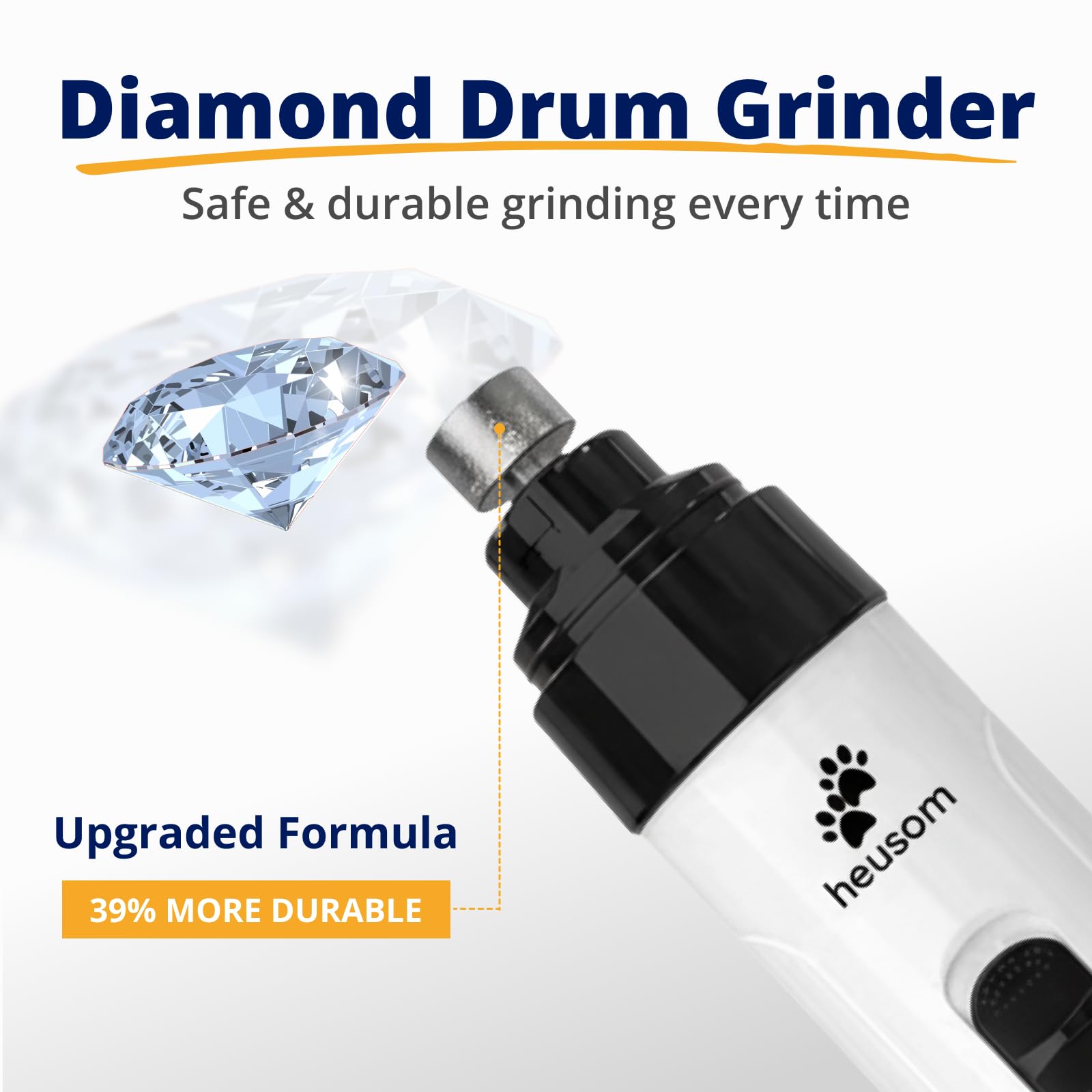 Heusom diamond-coated drum grinder close-up highlights durable tips for thick nails.