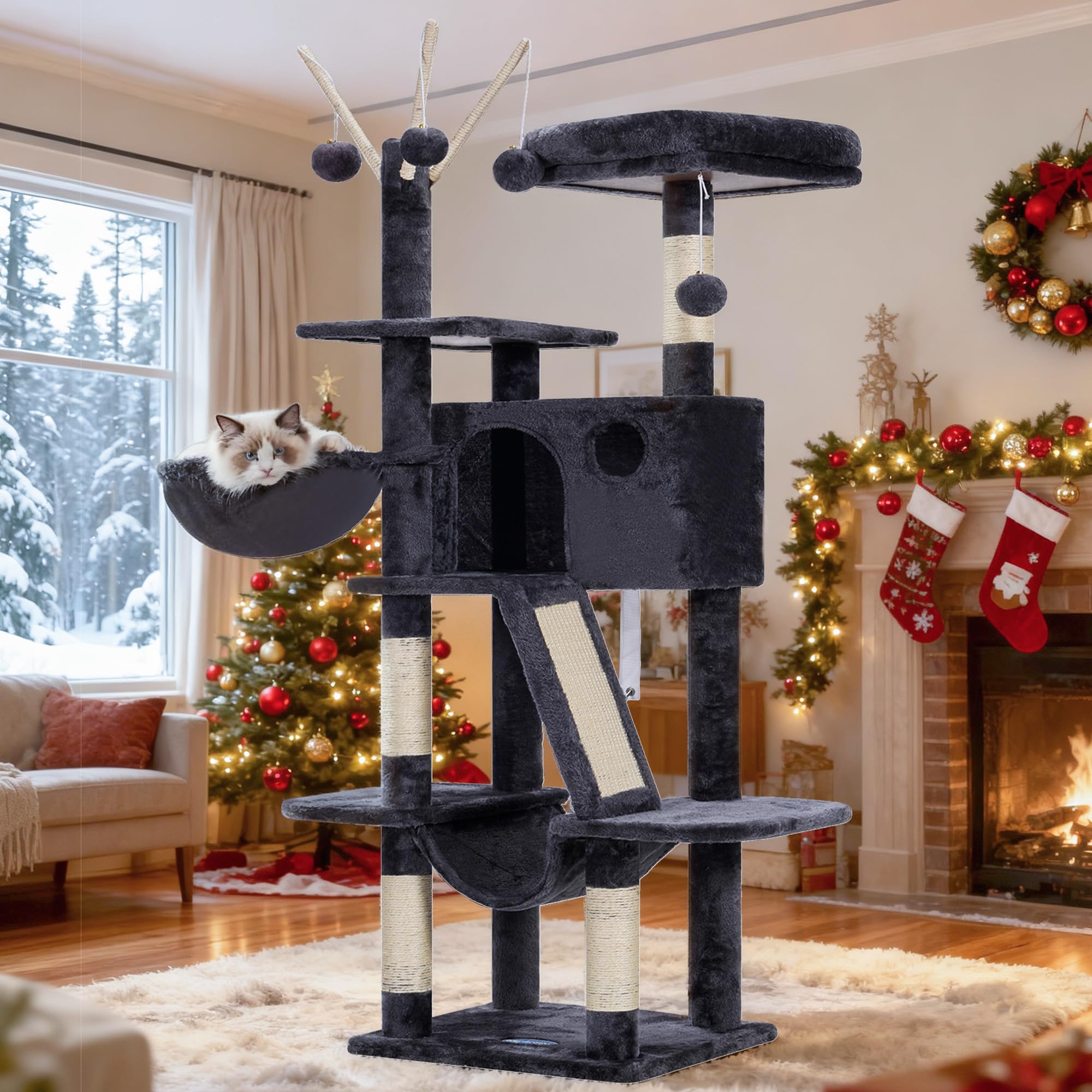 Hey-brother cat tree 53-inch smoky-gray side view shows a stable multi-level play space