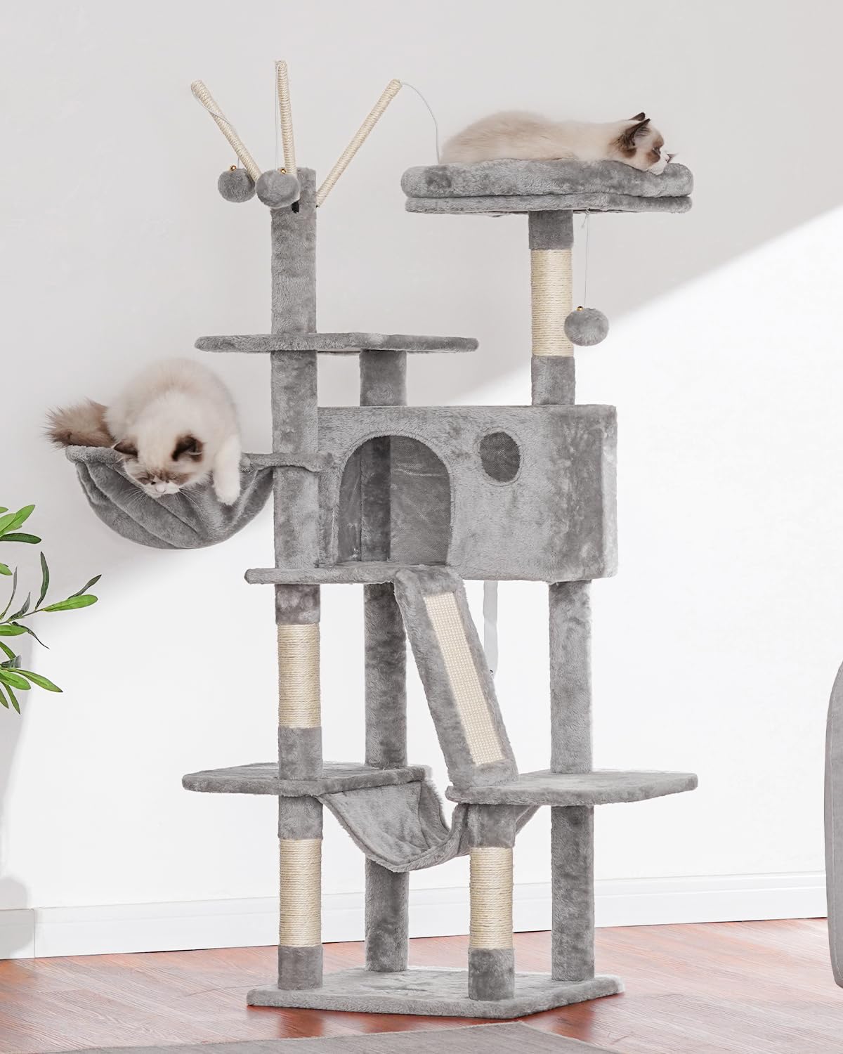 Hey-brother cat tree 53inch condo hammock offers private lounging in a soft cocoon.