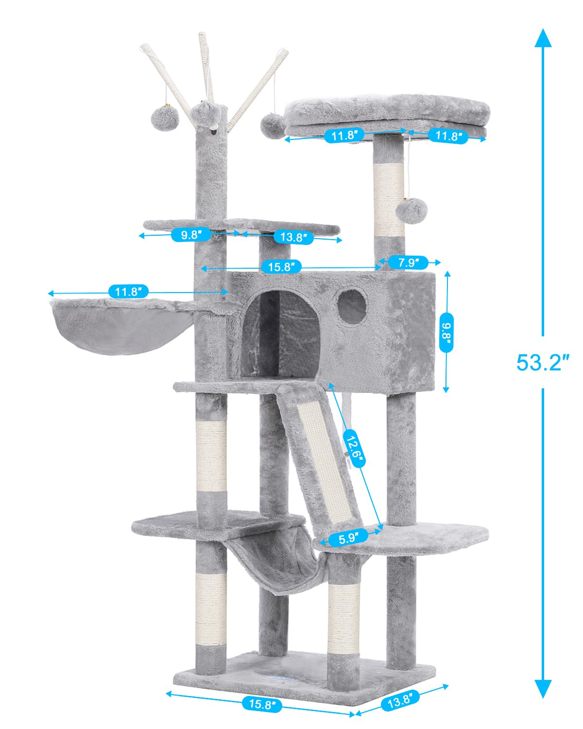 Hey-brother cat tree 53inch front view emphasizes spacious perches for relaxing cats.