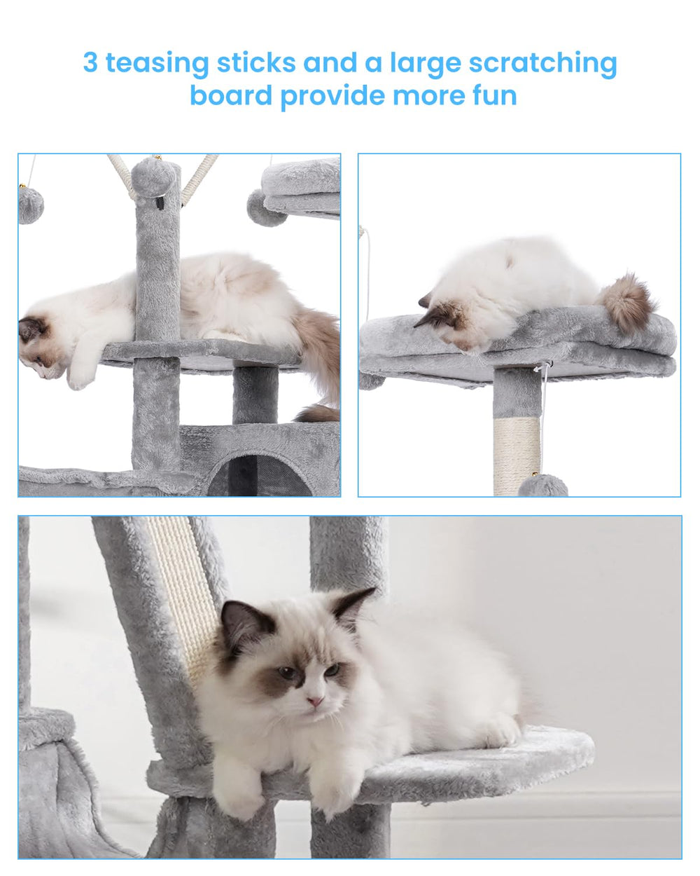Hey-brother cat tree 53inch padded perches offer plush comfort for resting after play.