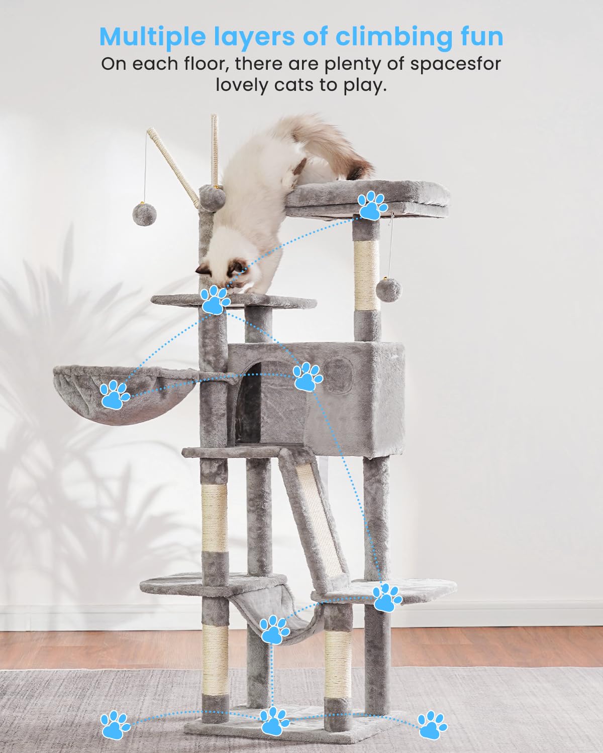 Hey-brother cat tree 53inch strong base demonstrates anti-topple stability for safety.