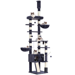 Hey-brother cat tree demonstrates ceiling-height adjustability for tall rooms and flexible setup.