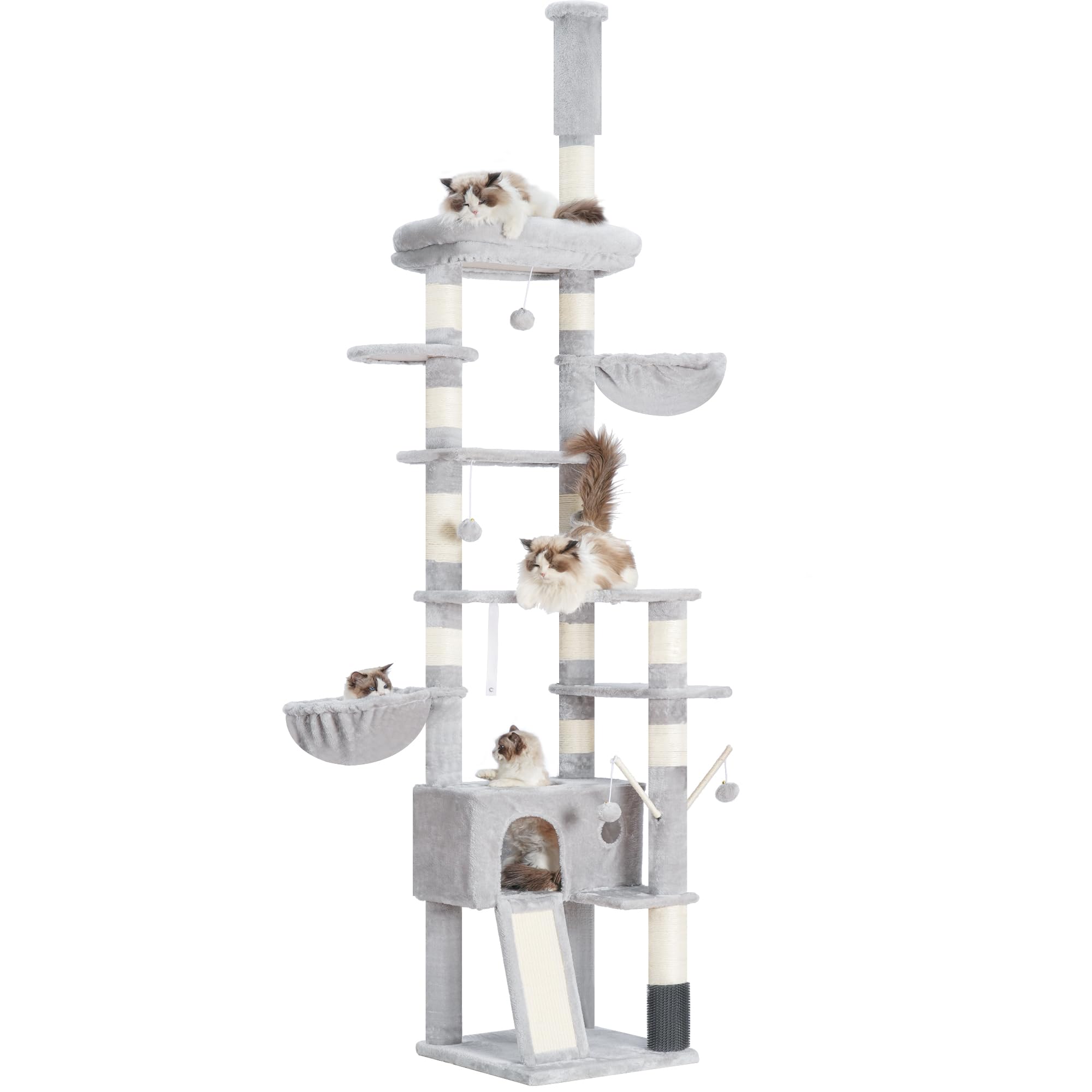 Hey-brother cat tree ceiling-height extension demonstrates vertical exploration and play