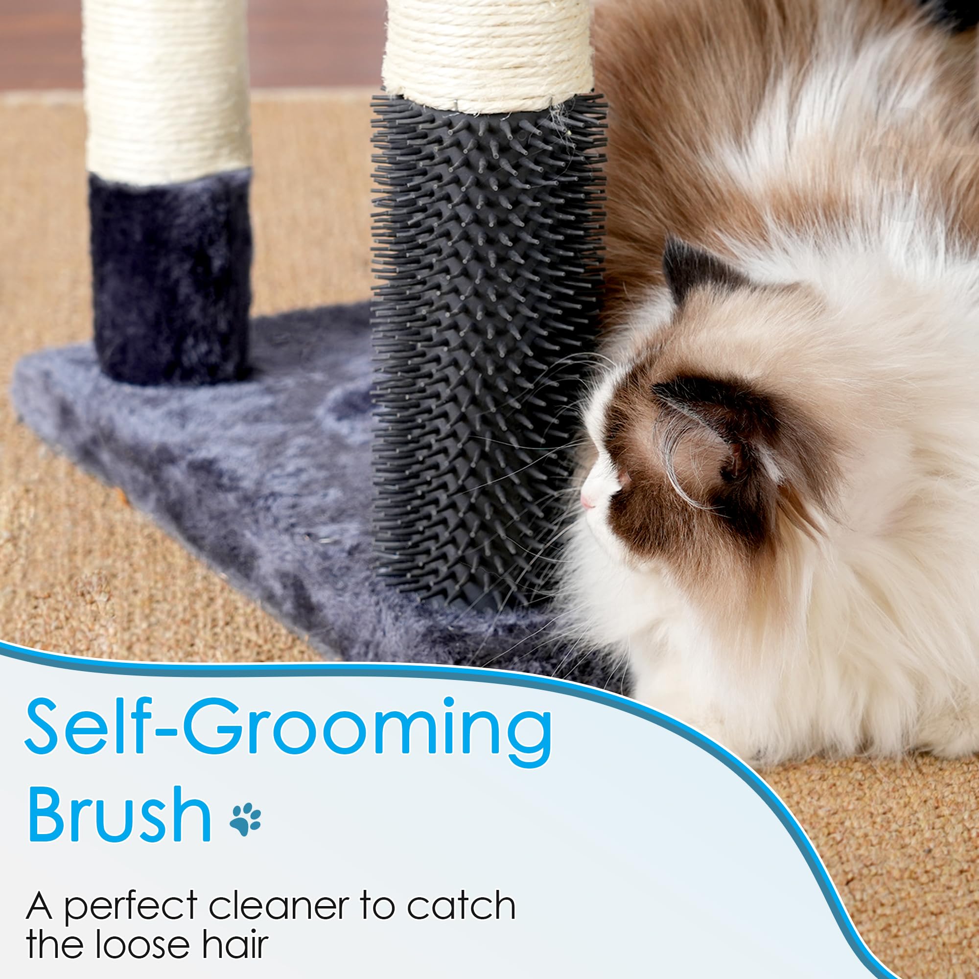 Hey-brother cat-tree hairbrush-equipped risers highlight convenient grooming while indoor recreation.
