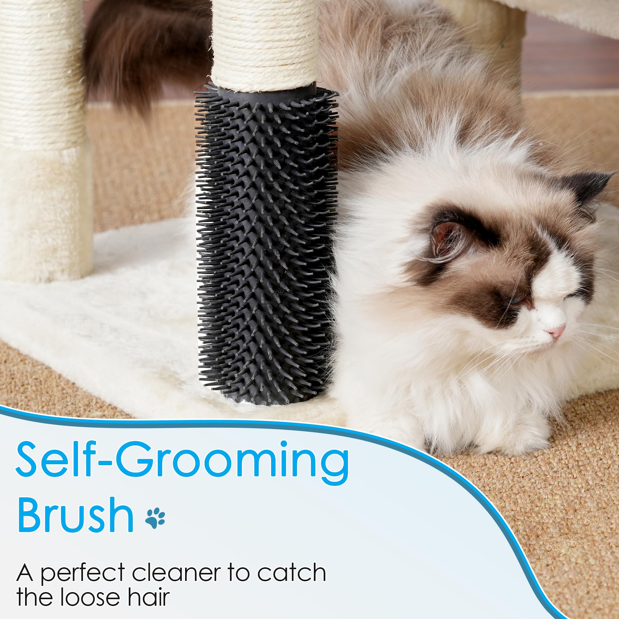 Hey-brother Cat Tree interactive jingly ball adds playful stimulation.