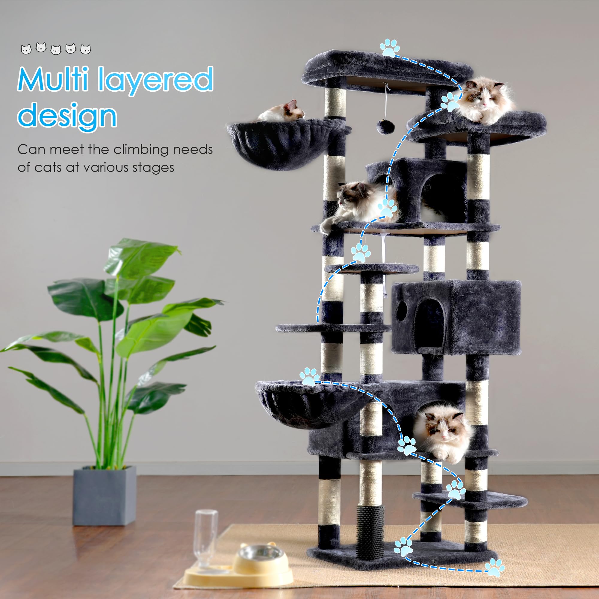 Hey-brother cat-tree jingly-ball interaction image invites active play and engagement.