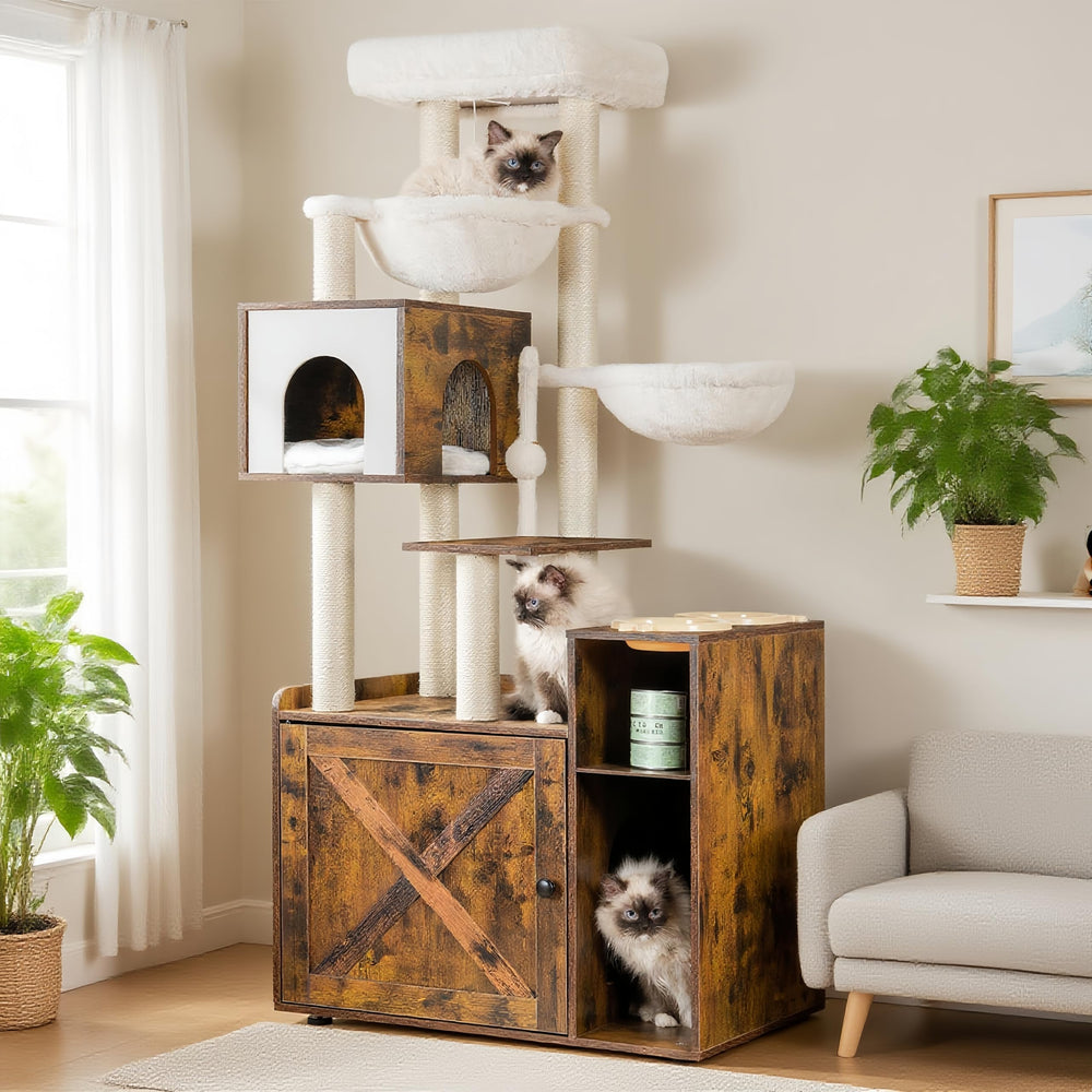 Hey-brother cat tree with litter-box enclosure offers a neat, odor-control hiding spot.