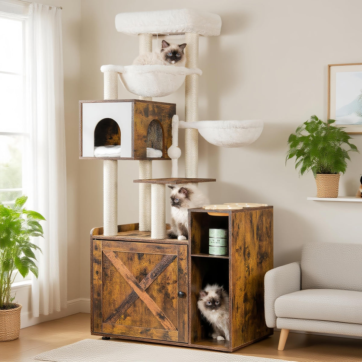 Hey-brother cat tree with litter-box enclosure offers a neat, odor-control hiding spot.