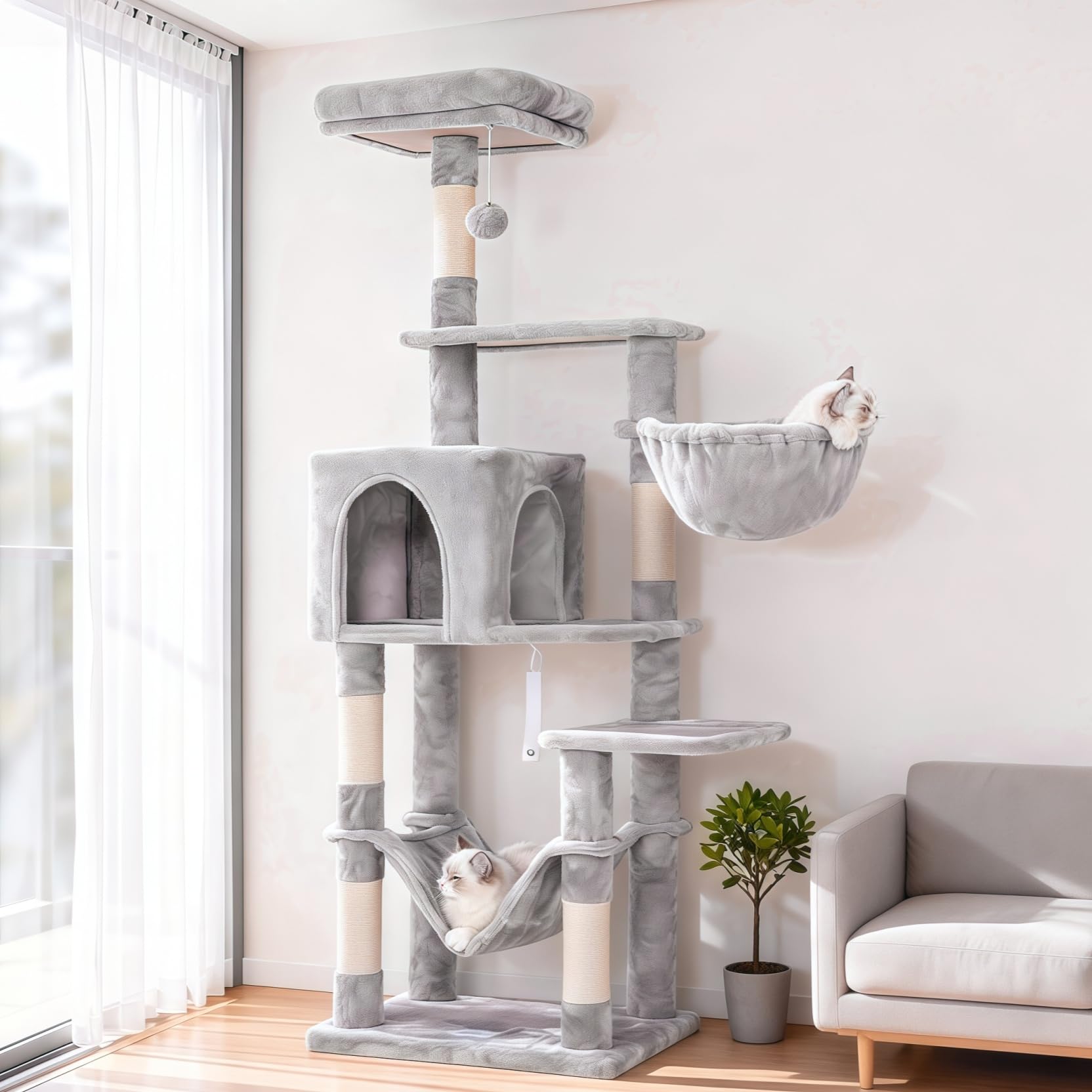 Hey-brother cat tree side view shows multi-level hammock for relaxed cat lounging