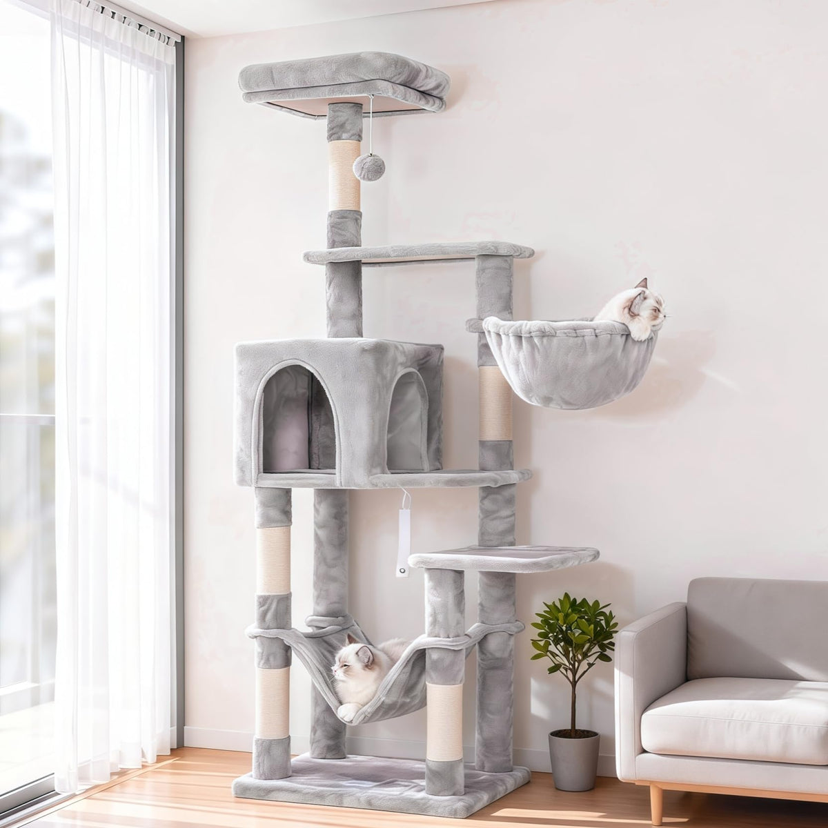 Hey-brother cat tree side view shows multi-level hammock for relaxed cat lounging