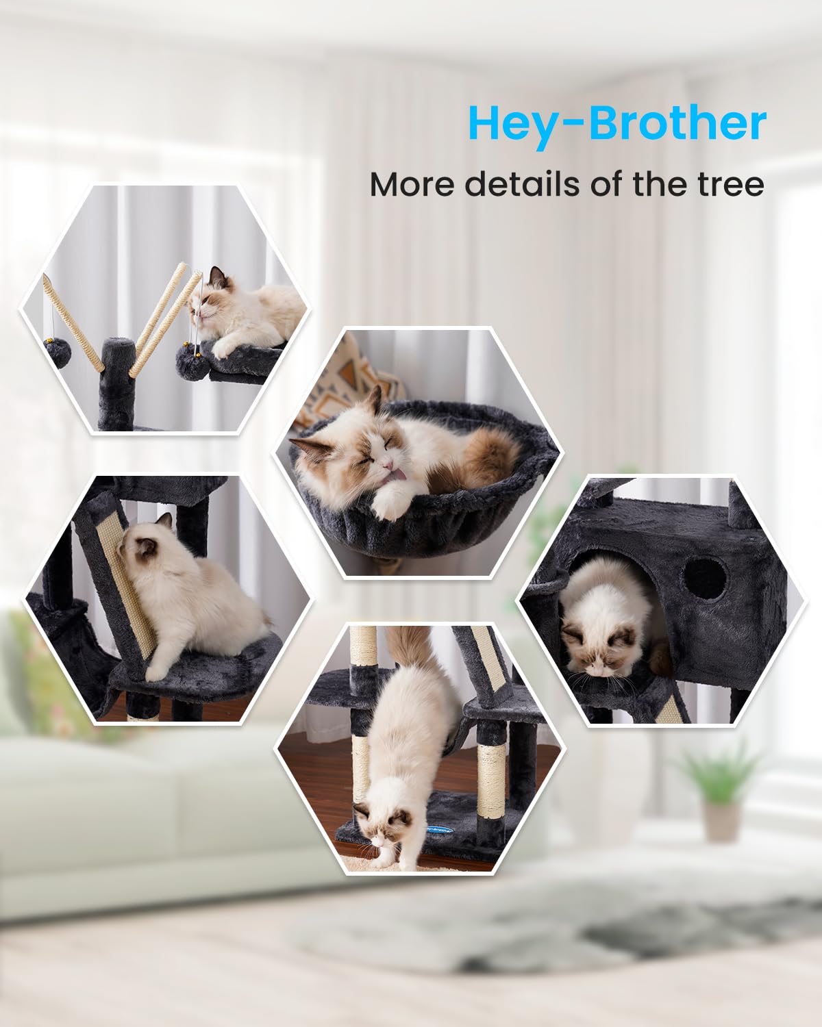 Hey-brother cat tree padded platform bed close-up highlights soft perches for lounging