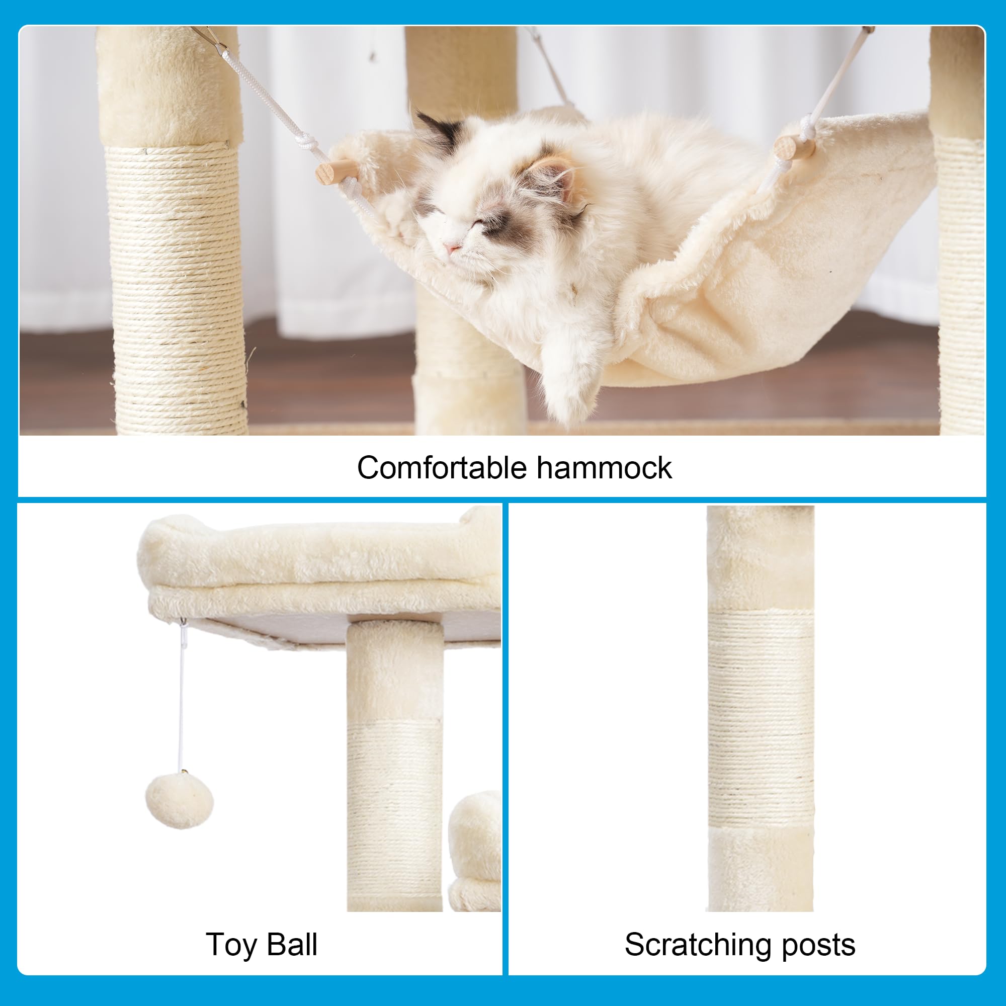 Hey-brother beige plush condos provide cozy lounging for cats.