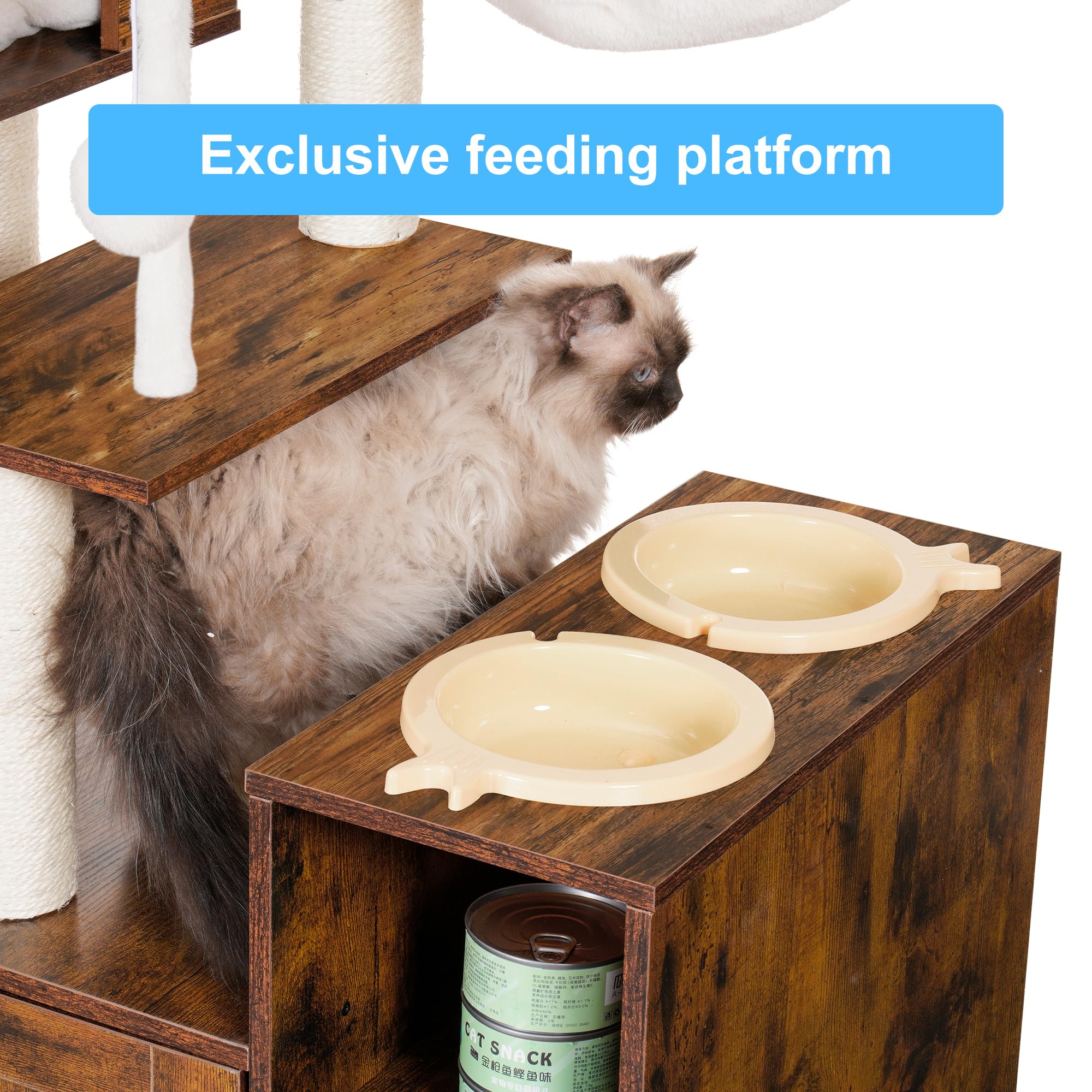 Hey-brother cat tree privacy cabinet hides litter and reduces odors.