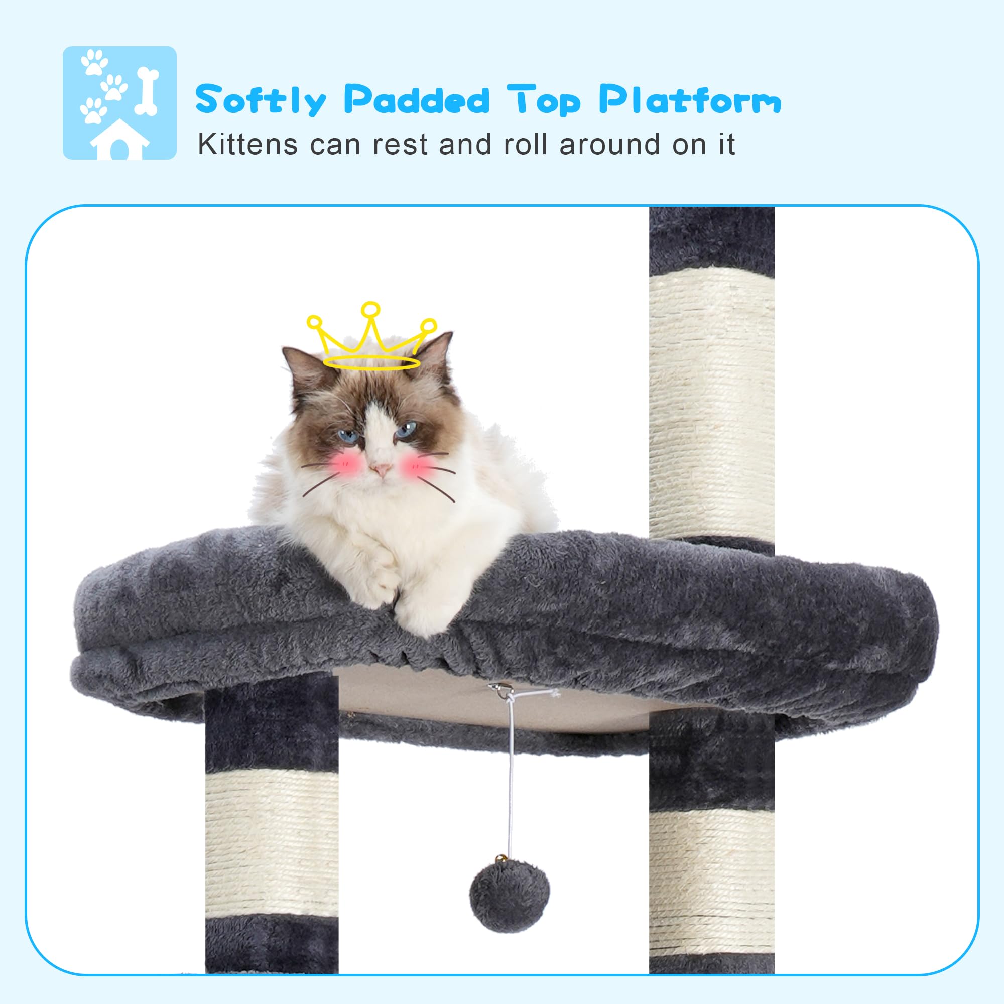 Hey-brother cat tree includes varied-length scratching posts to satisfy claws and play.