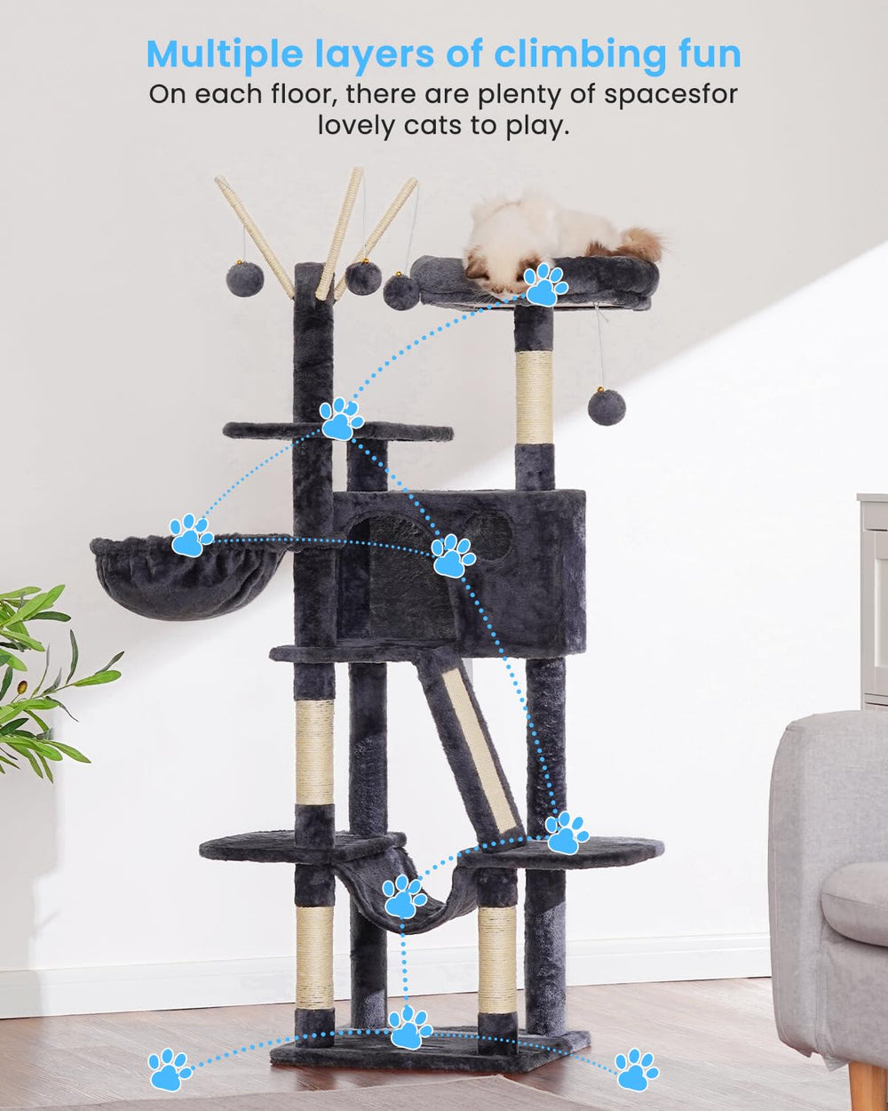 Hey-brother cat tree with sisal posts close-up emphasizes claw-satisfying scratching areas