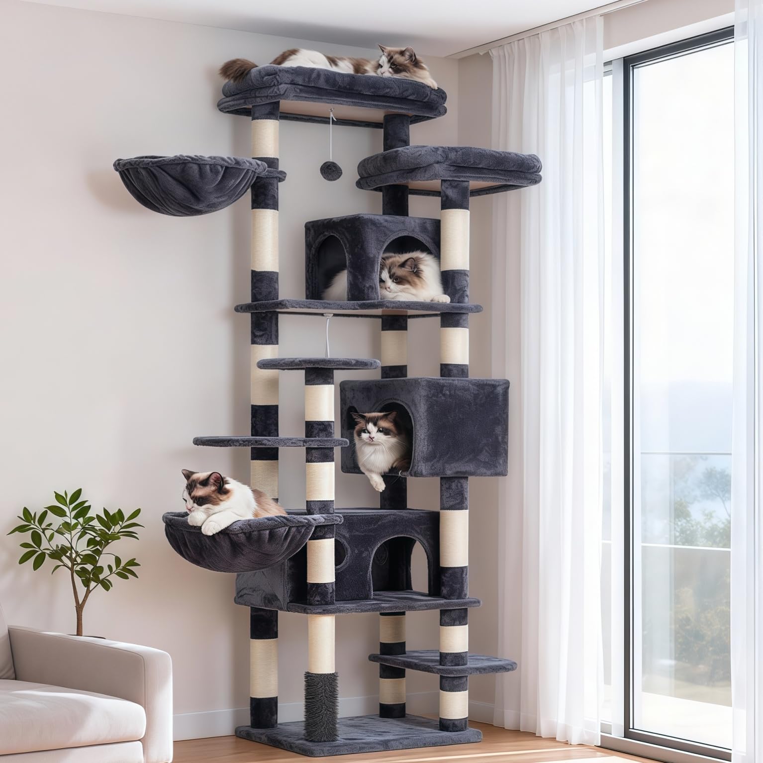 Hey-brother cat-tree smoky gray outer view emphasizes stability and elevated lounging space.