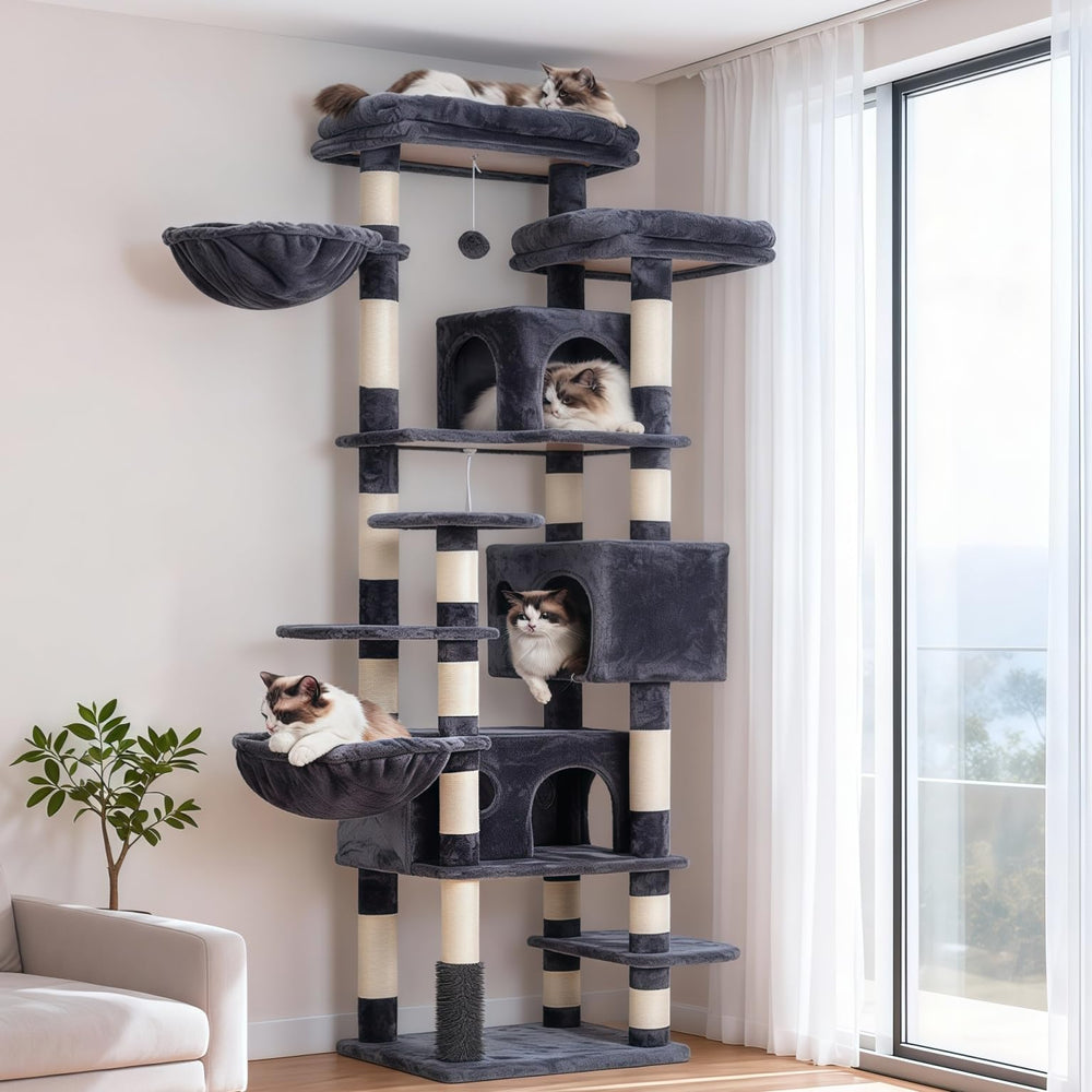 Hey-brother cat-tree smoky gray outer view emphasizes stability and elevated lounging space.