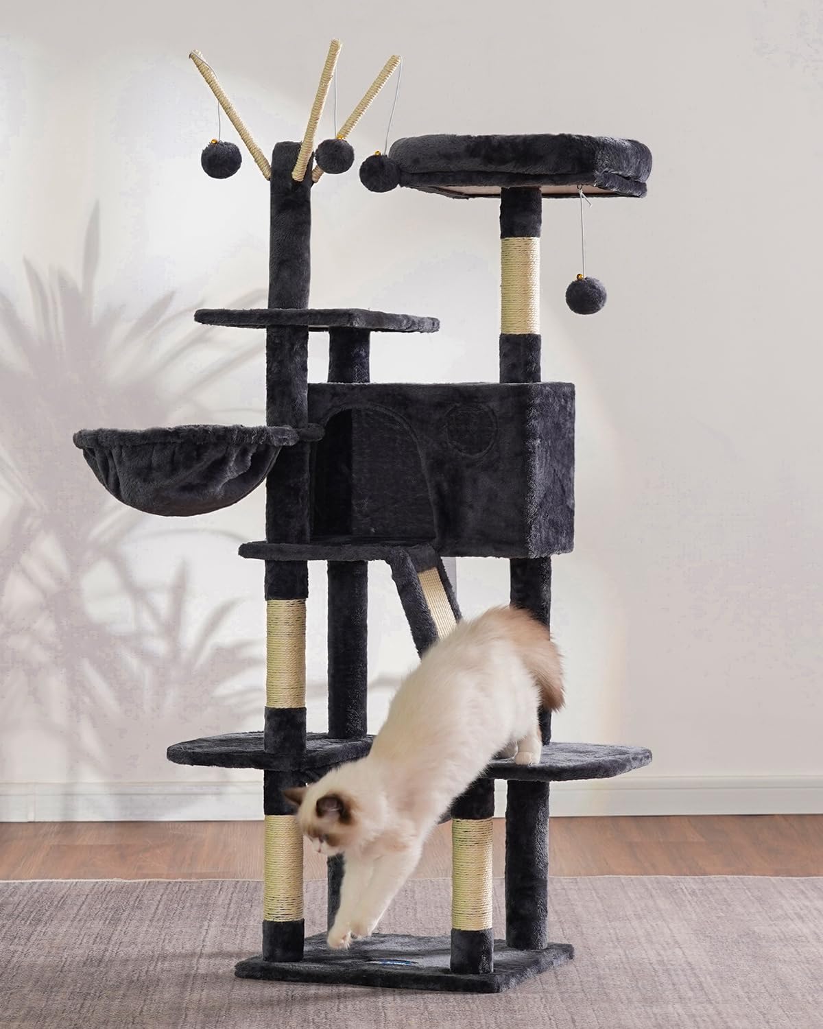 Hey-brother cat tree soft flannel cover image conveys easy cleaning and cozy aesthetics