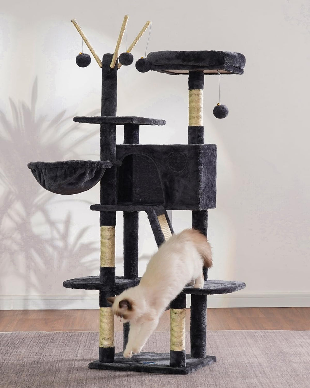 Hey-brother cat tree soft flannel cover image conveys easy cleaning and cozy aesthetics