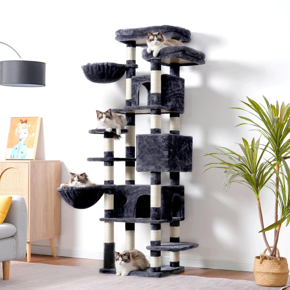 Hey-brother cat tree three condos close-up showcases cozy hideaways for multiple cats.