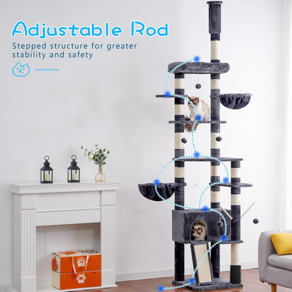 Hey-brother cat tree with three-pillar base boosts stability during climbers and jumps.