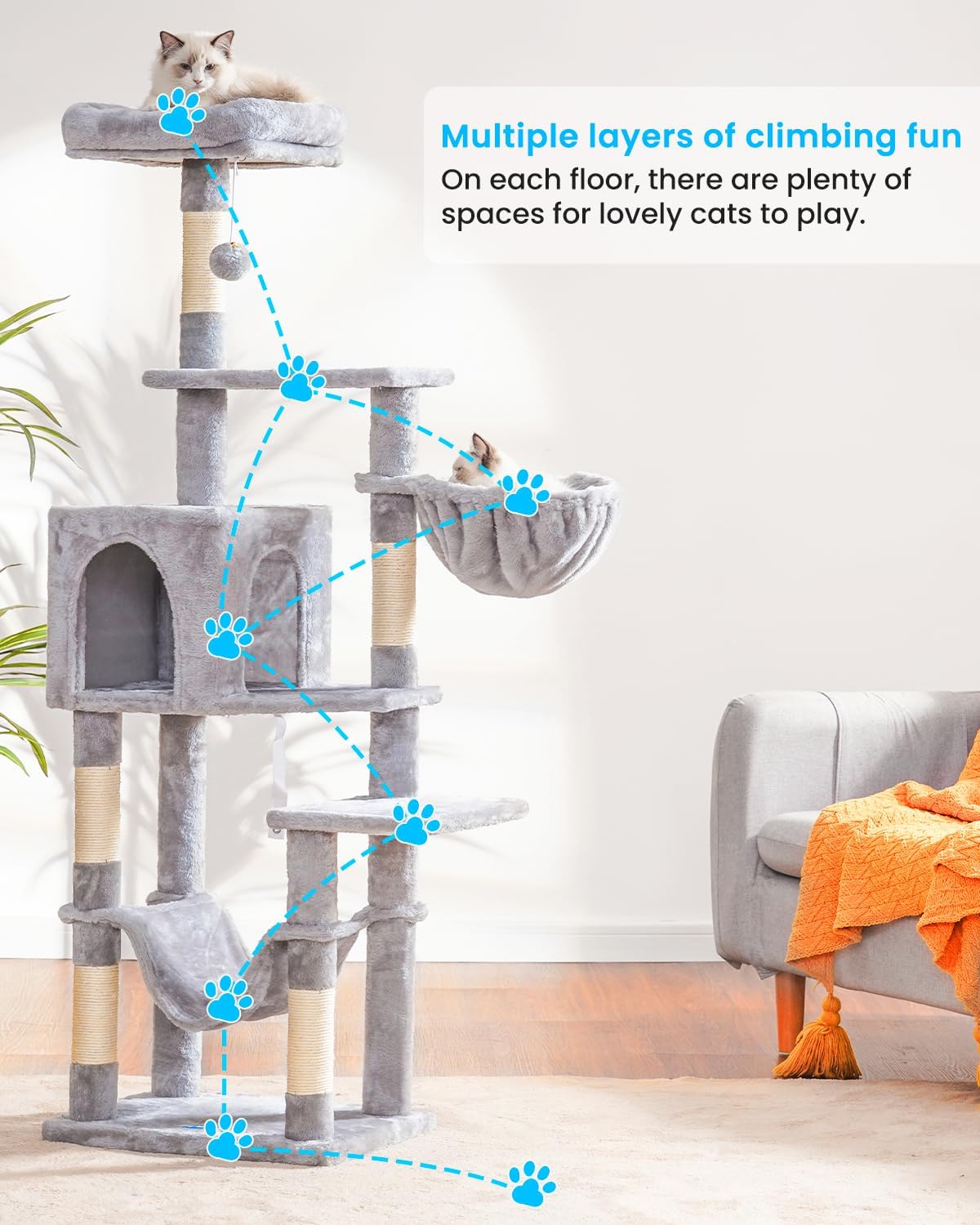 Hey-brother cat tree top perch view highlights elevated vantage for watching and napping