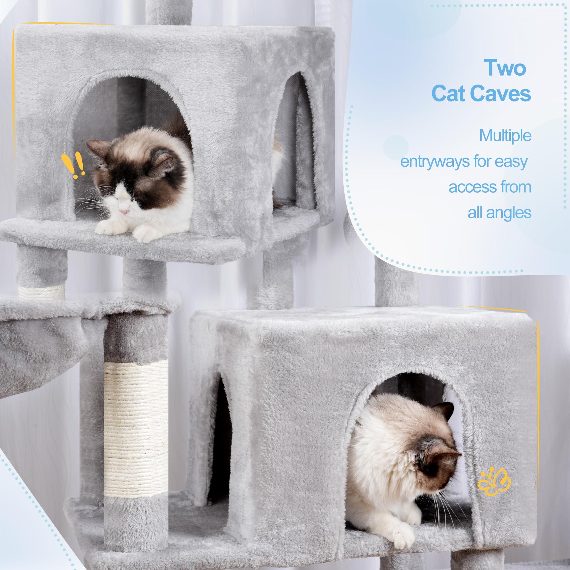 Hey-brother Cat Tree Tower basket-hammocks invites cozy wrapped resting spots.