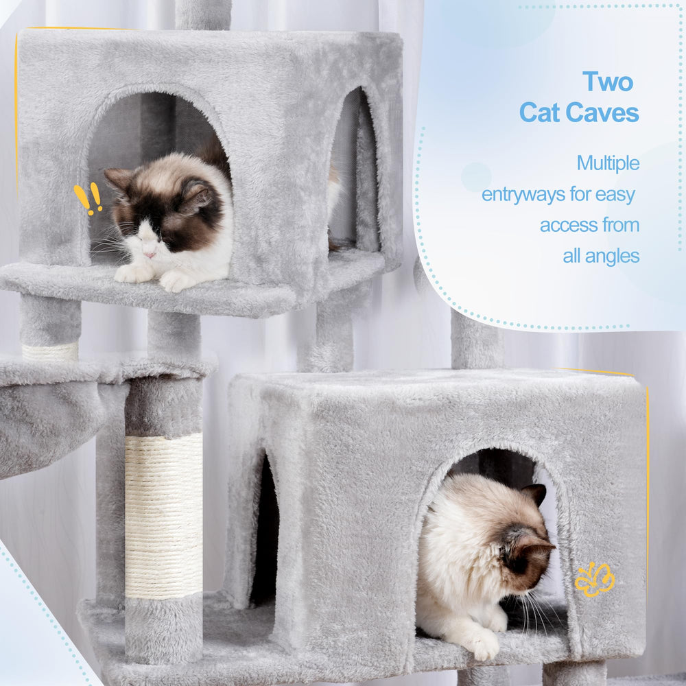 Hey-brother Cat Tree Tower basket-hammocks invites cozy wrapped resting spots.