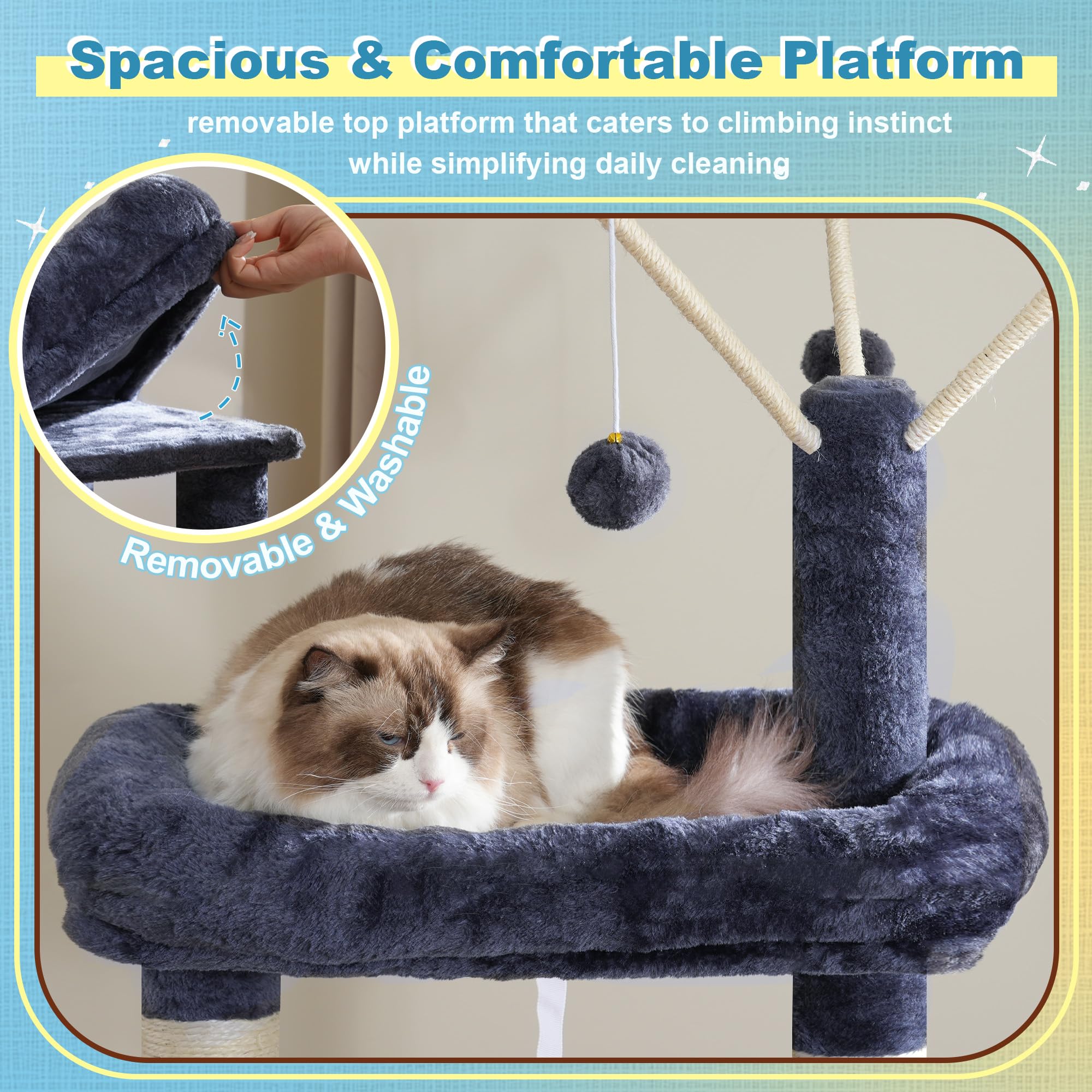 Hey-brother Cat Tree Tower includes a plush hammock and cozy bed for naps.