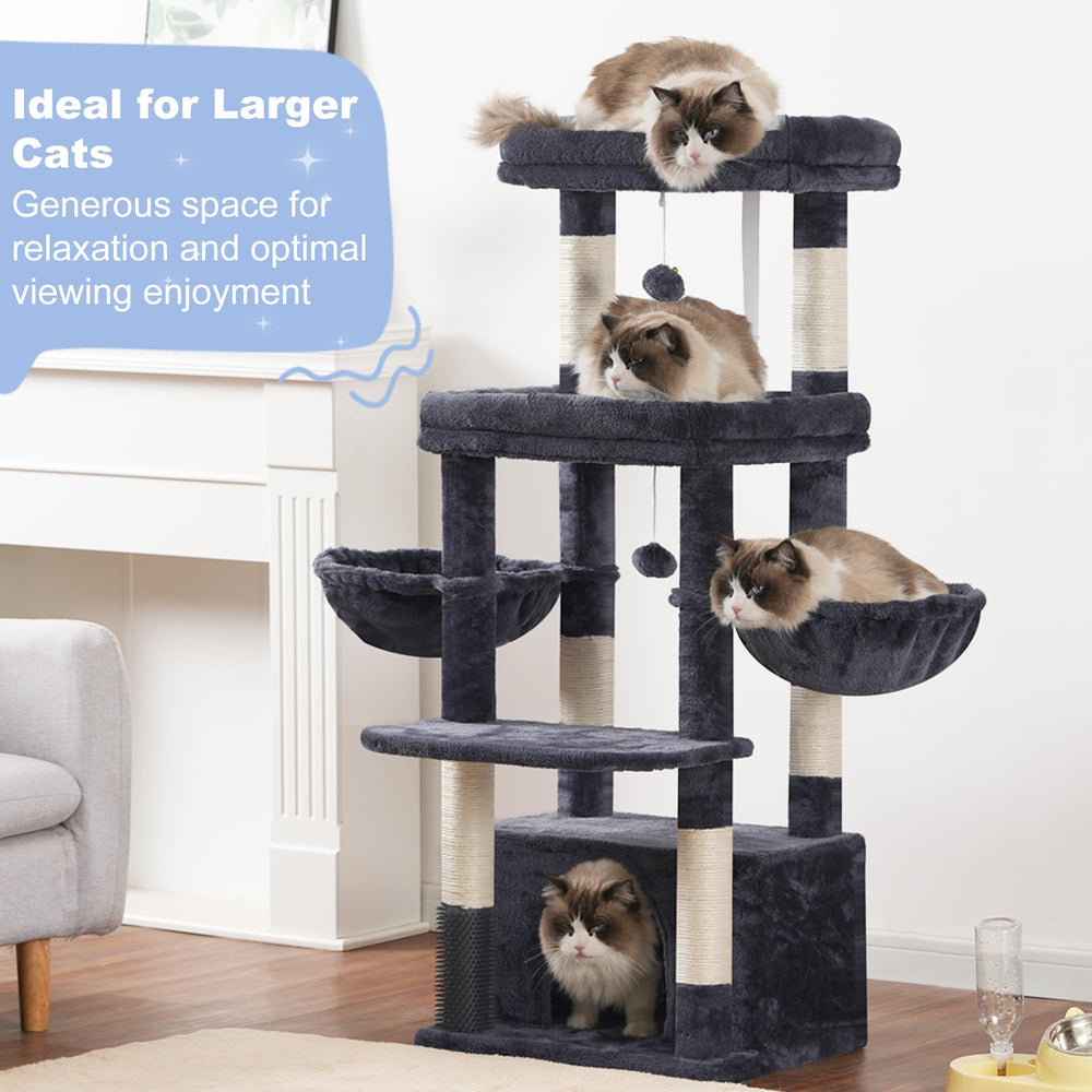 Hey-brother cat tree tower oversized platform supports full body stretch for Maine Coon-sized cats.