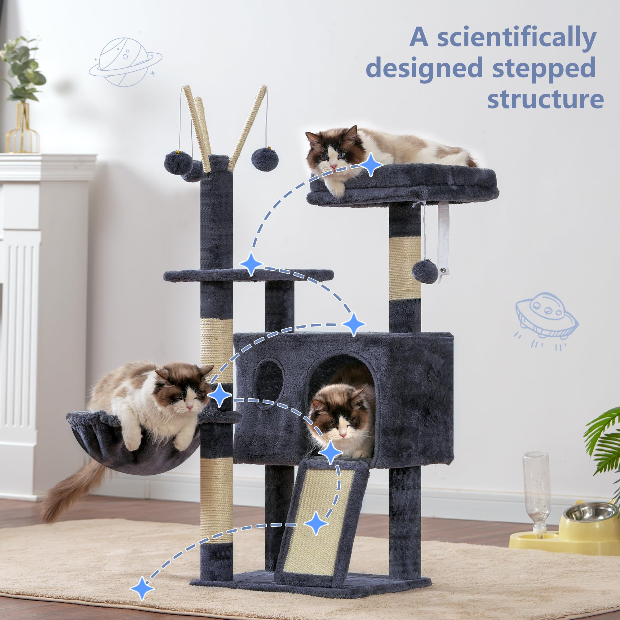 Hey-brother cat tree tower hammock basket shows cloud-like resting spot for naps
