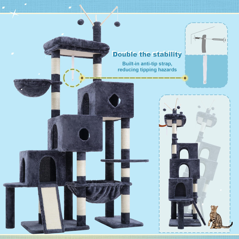 Hey-brother Cat Tree Tower includes three interactive toys for batting and play.